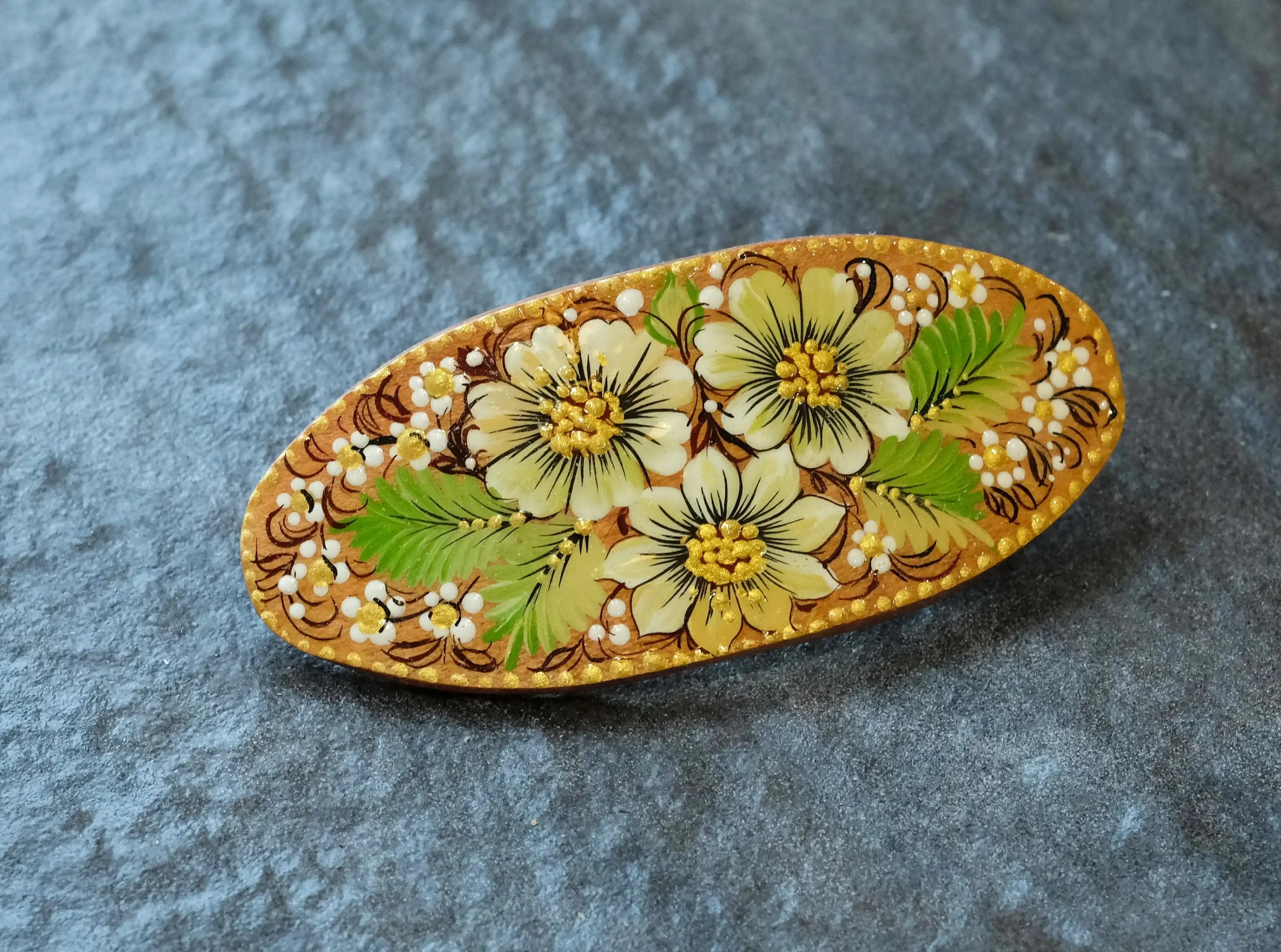 Painted Wooden Oval Hair Barrette - Artisanal Petrykivka Art Green Flower French Barrette Hair Clip