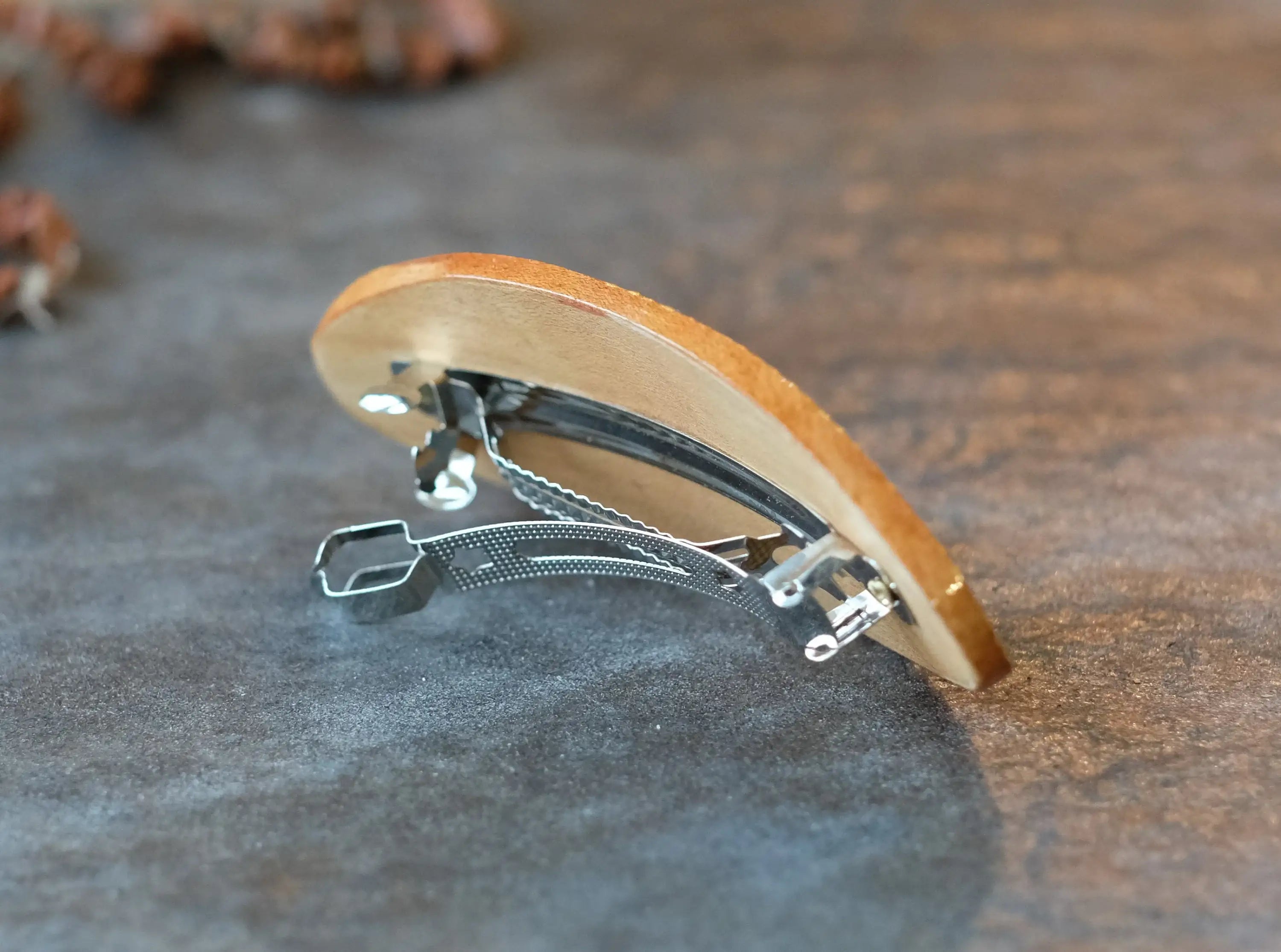 Painted Wooden Oval Hair Barrette - Artisanal Petrykivka Art Green Flower French Barrette Hair Clip