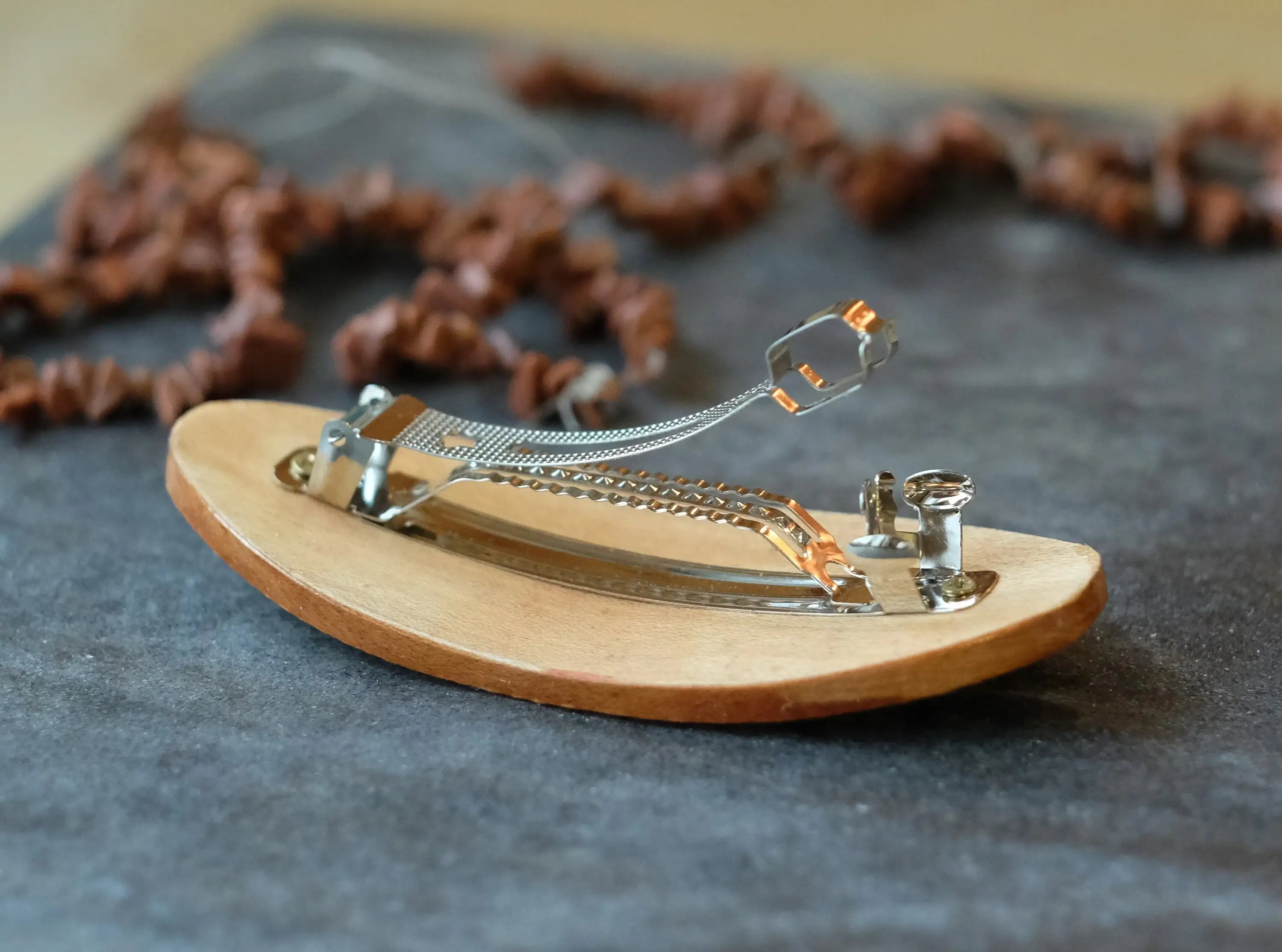 Painted Wooden Oval Hair Barrette - Artisanal Petrykivka Art Green Flower French Barrette Hair Clip