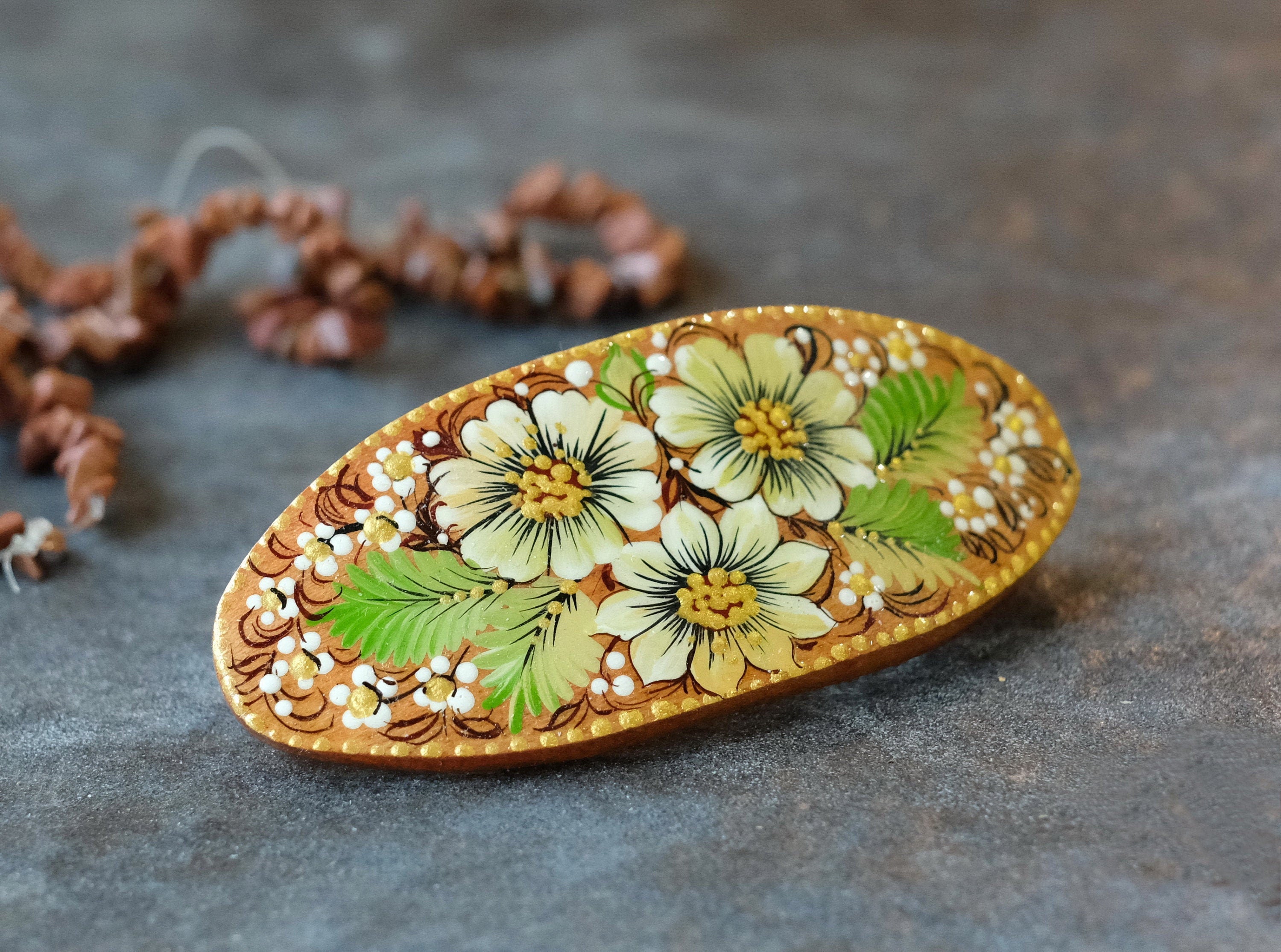 Painted Wooden Oval Hair Barrette - Artisanal Petrykivka Art Green Flower French Barrette Hair Clip