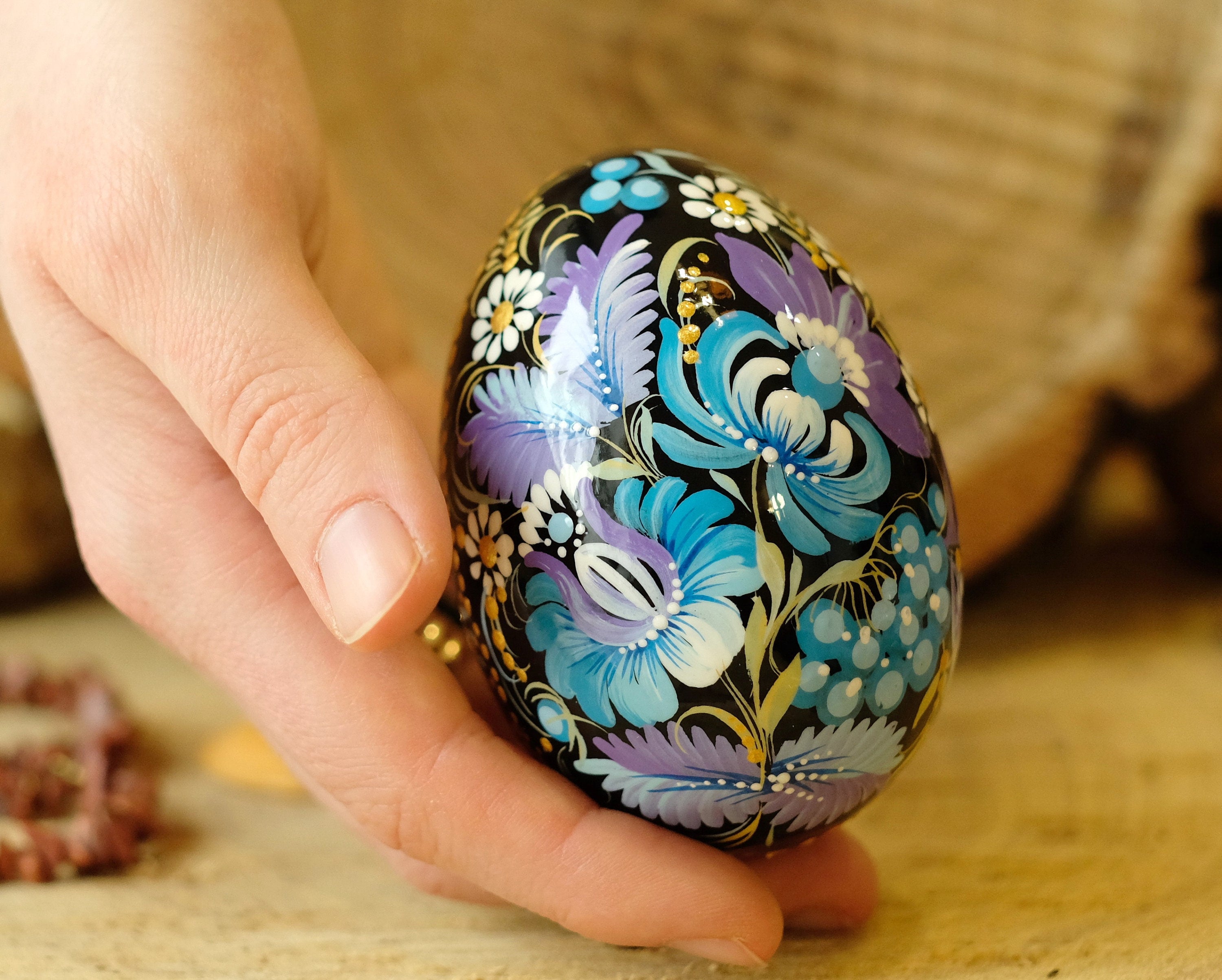 Large Wooden Goose Size Easter Egg Hand-painted with Ukrainian Petrykivka Painting