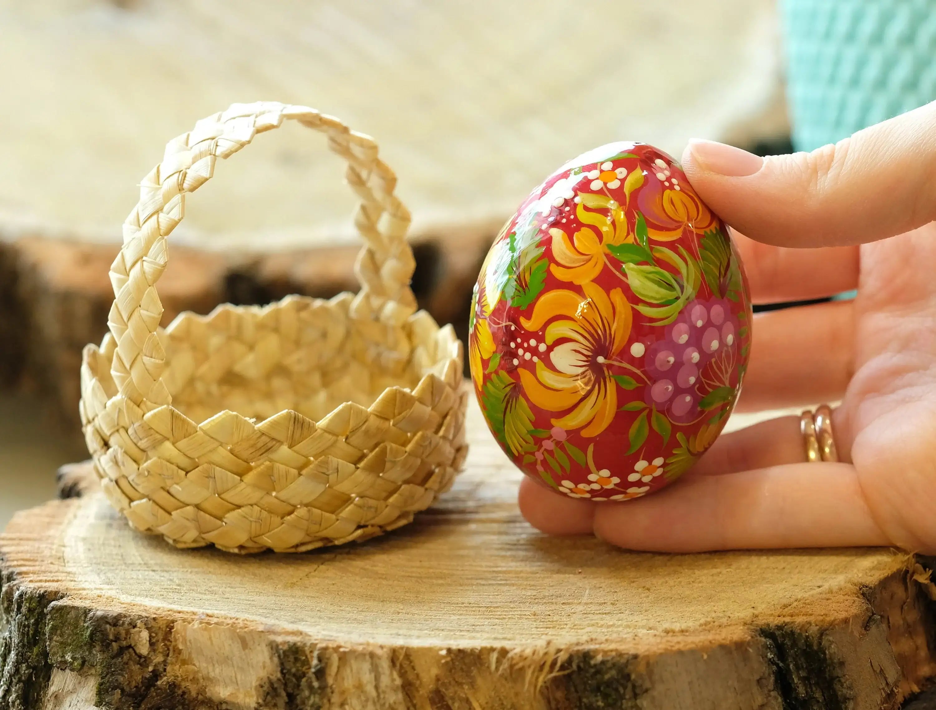 Hand-painted Ukrainian Easter Egg - Petrykivka Wooden Rooster Egg