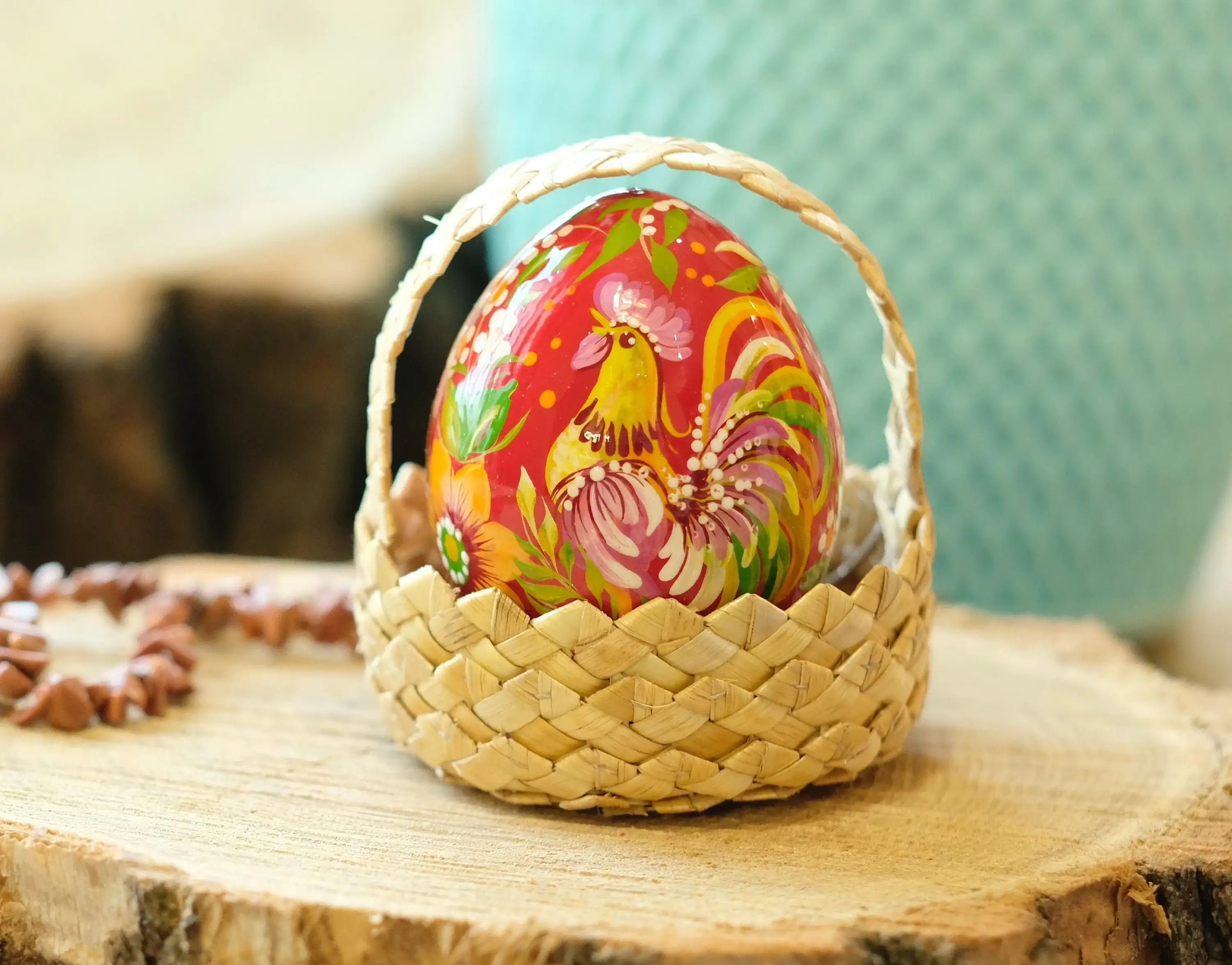 Hand-painted Ukrainian Easter Egg - Petrykivka Wooden Rooster Egg