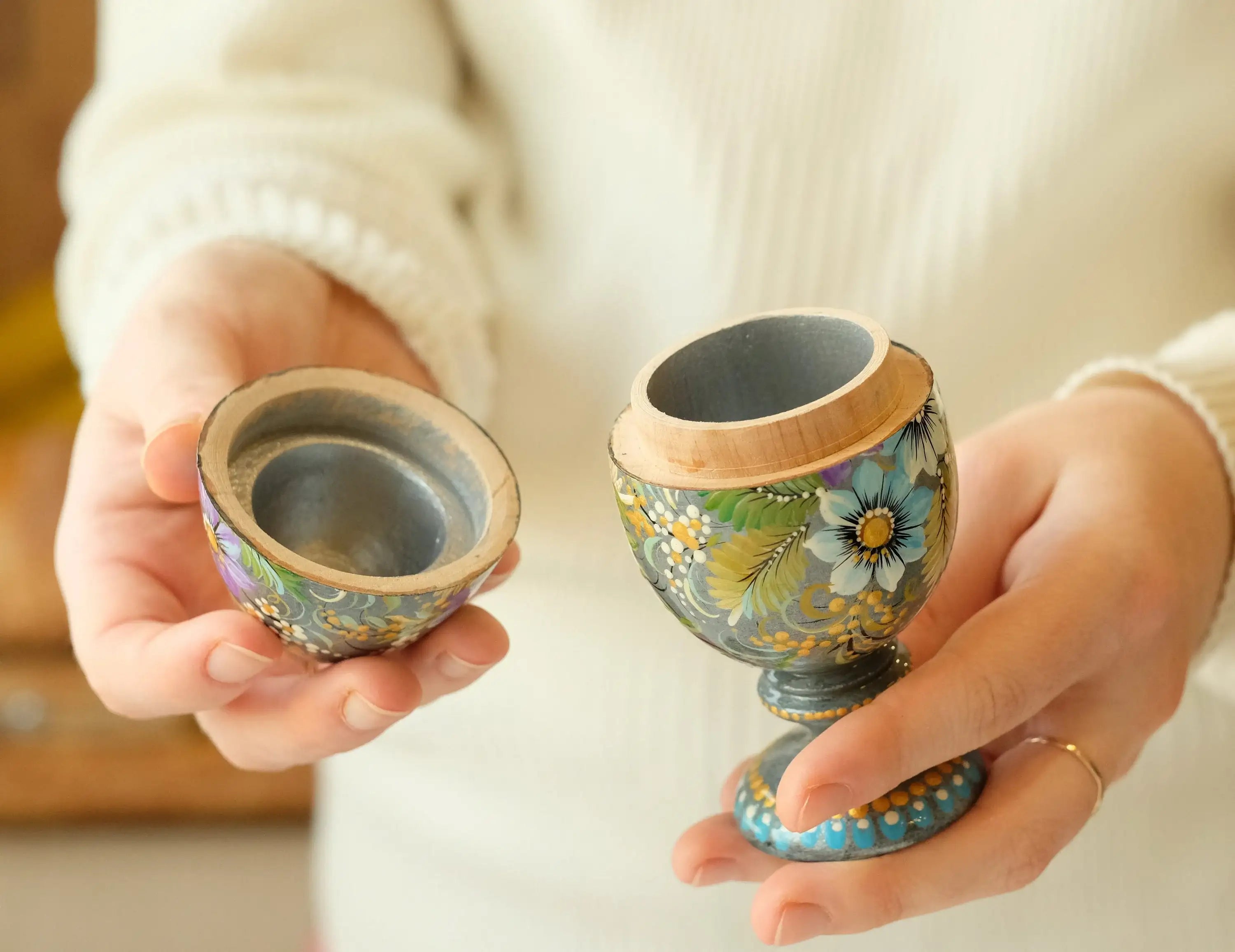 Wooden Jewelry Box Hand-painted with Petrykivka Art, Egg-shaped