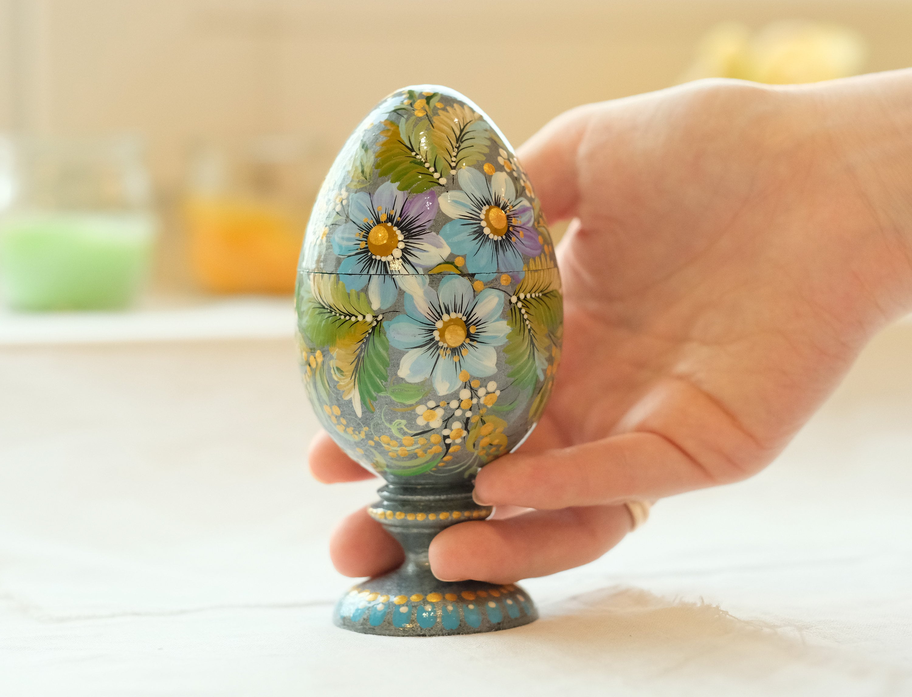 Wooden Jewelry Box Hand-painted with Petrykivka Art, Egg-shaped