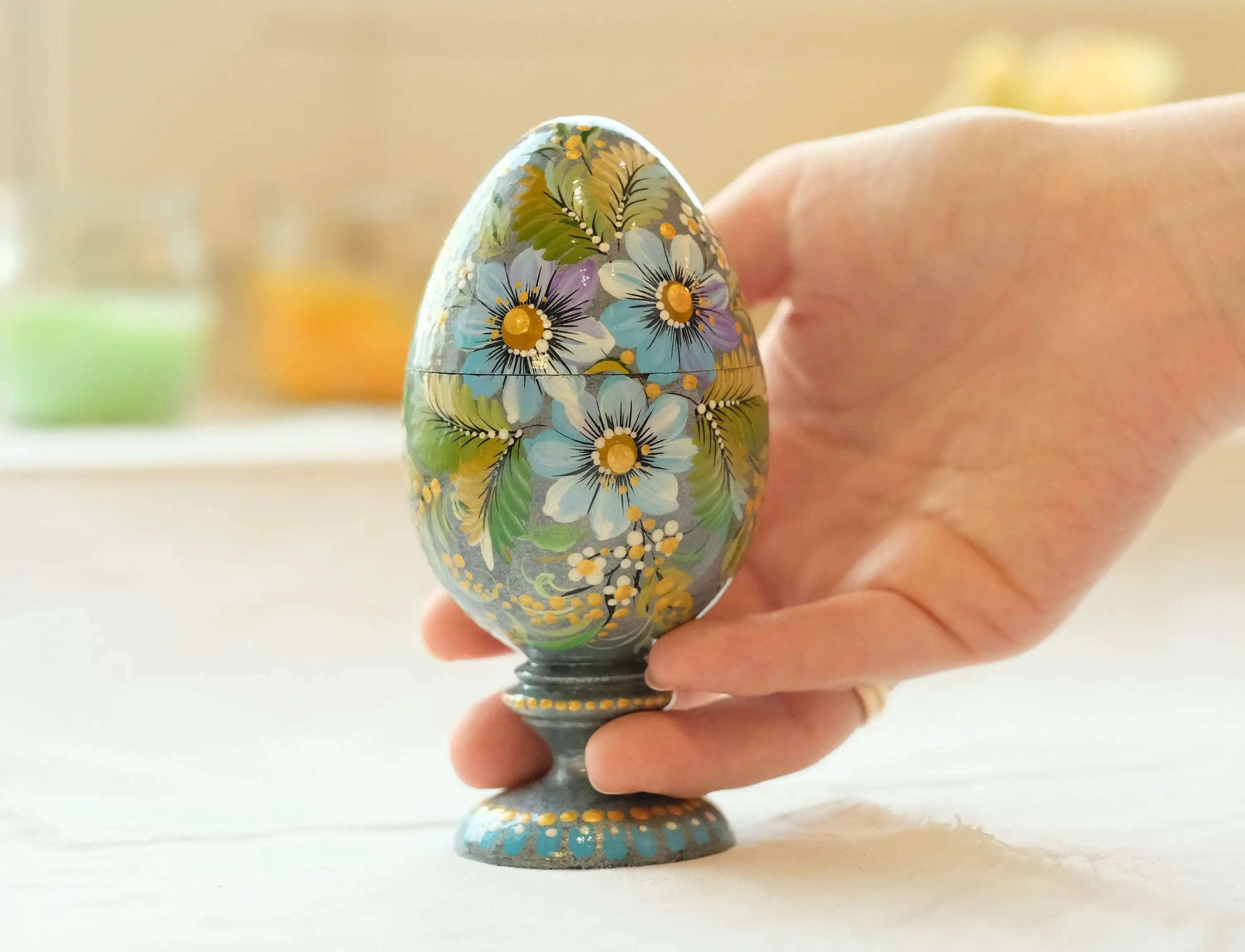 Wooden Jewelry Box Hand-painted with Petrykivka Art, Egg-shaped