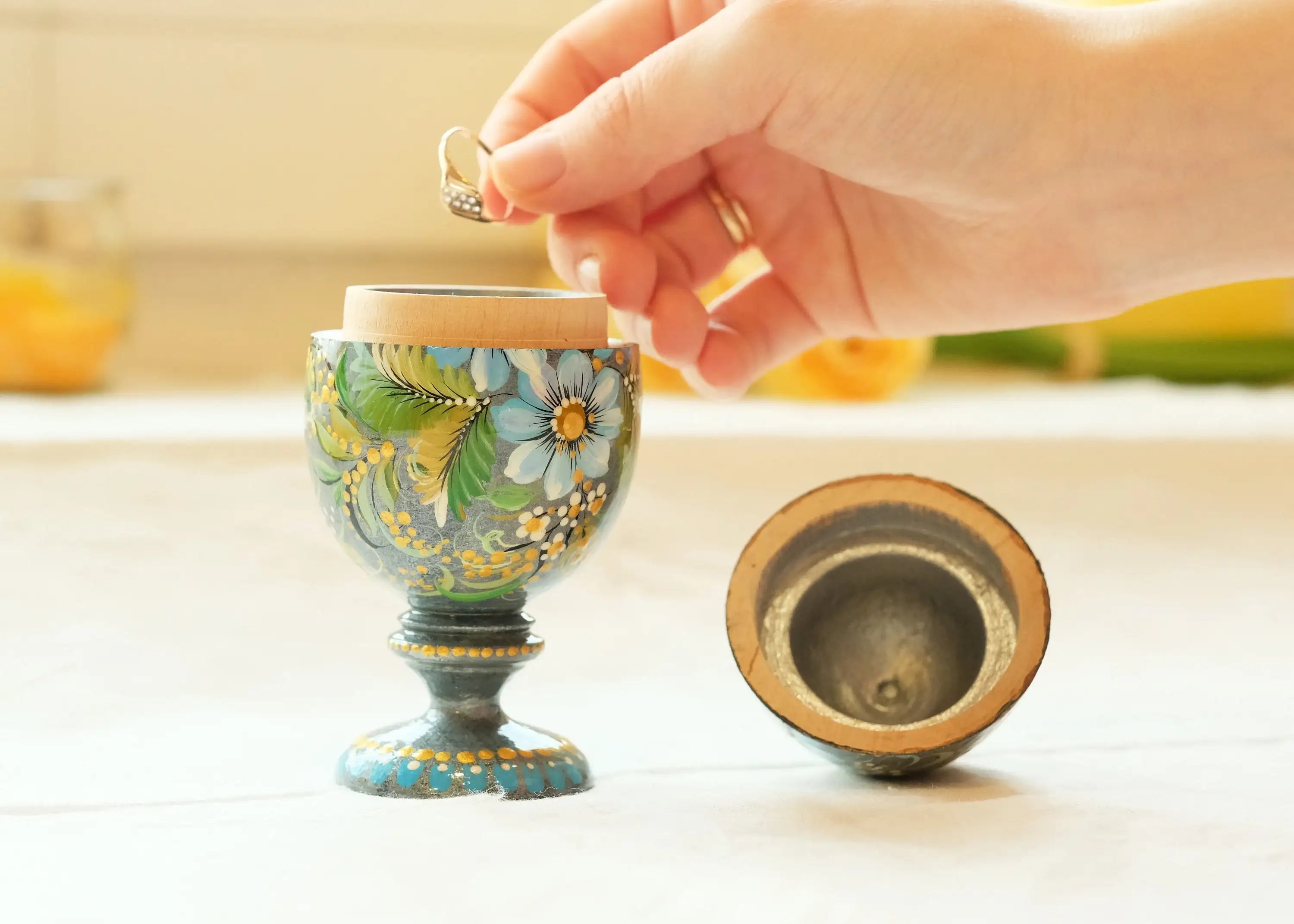 Wooden Jewelry Box Hand-painted with Petrykivka Art, Egg-shaped