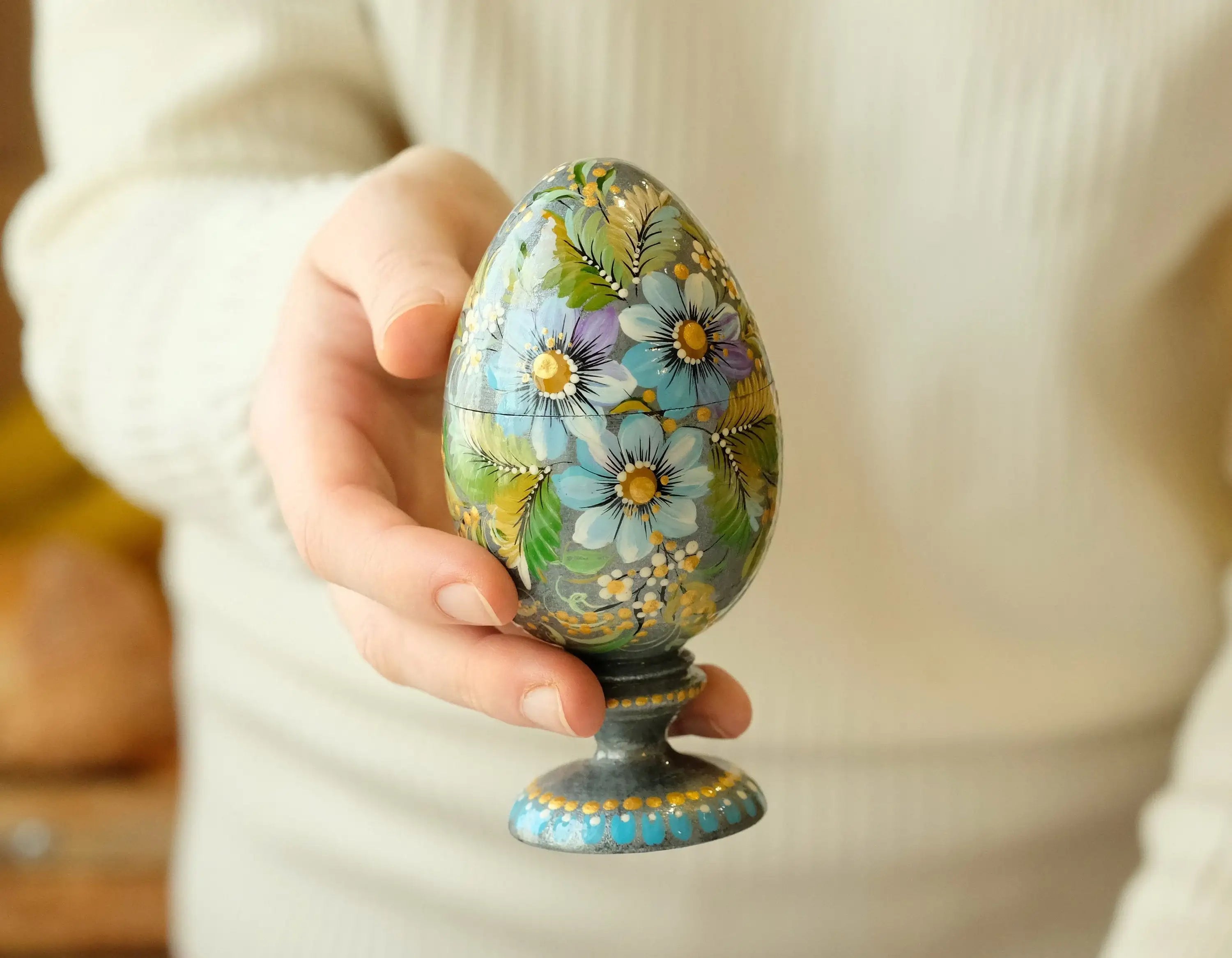 Wooden Jewelry Box Hand-painted with Petrykivka Art, Egg-shaped