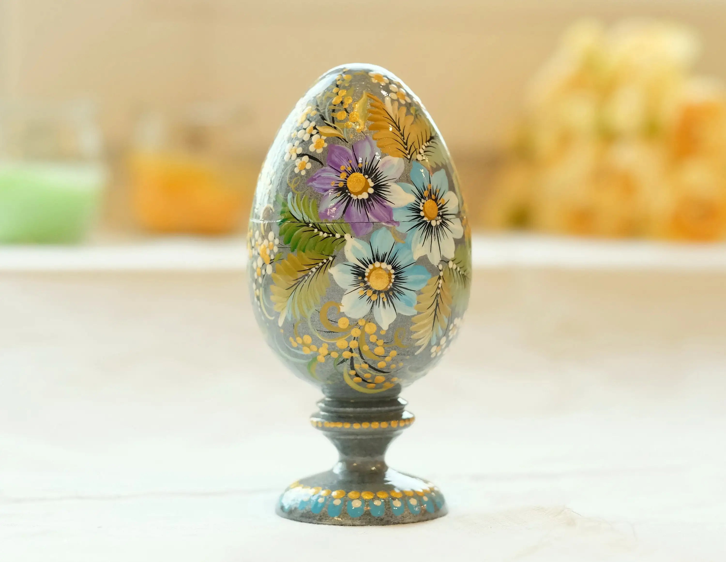 Wooden Jewelry Box Hand-painted with Petrykivka Art, Egg-shaped