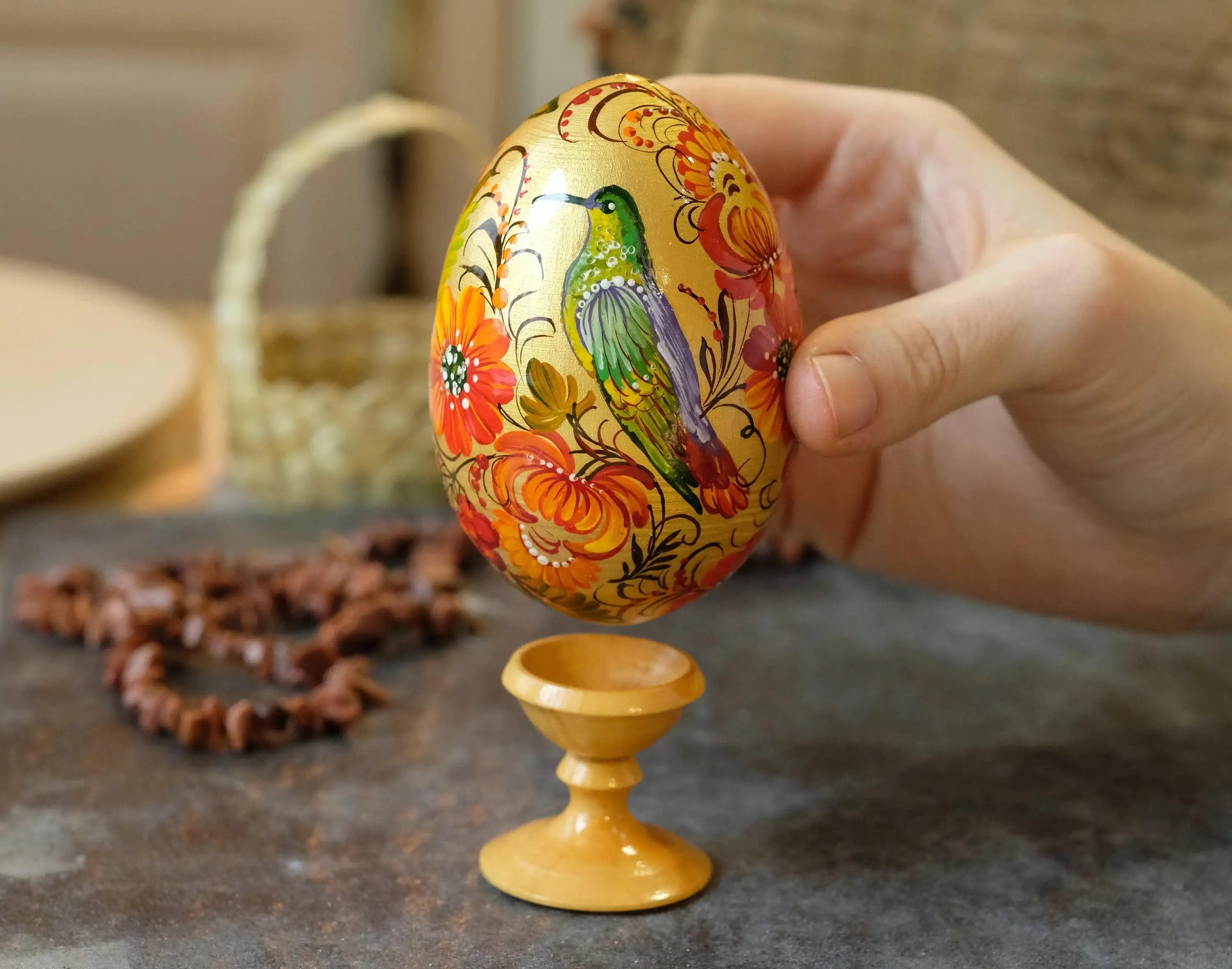 Painted Wooden Hummingbird Easter Egg on Stand