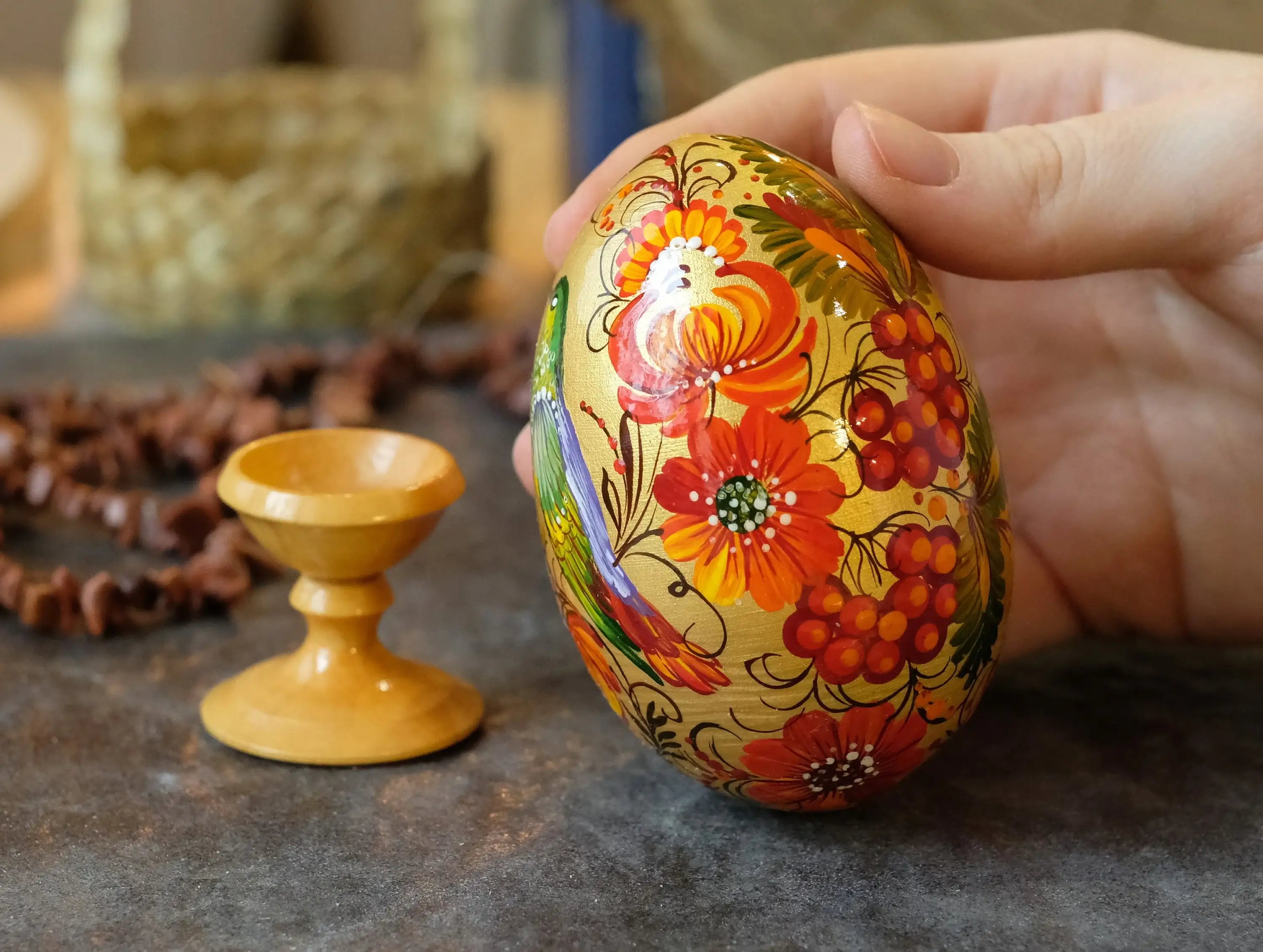 Painted Wooden Hummingbird Easter Egg on Stand