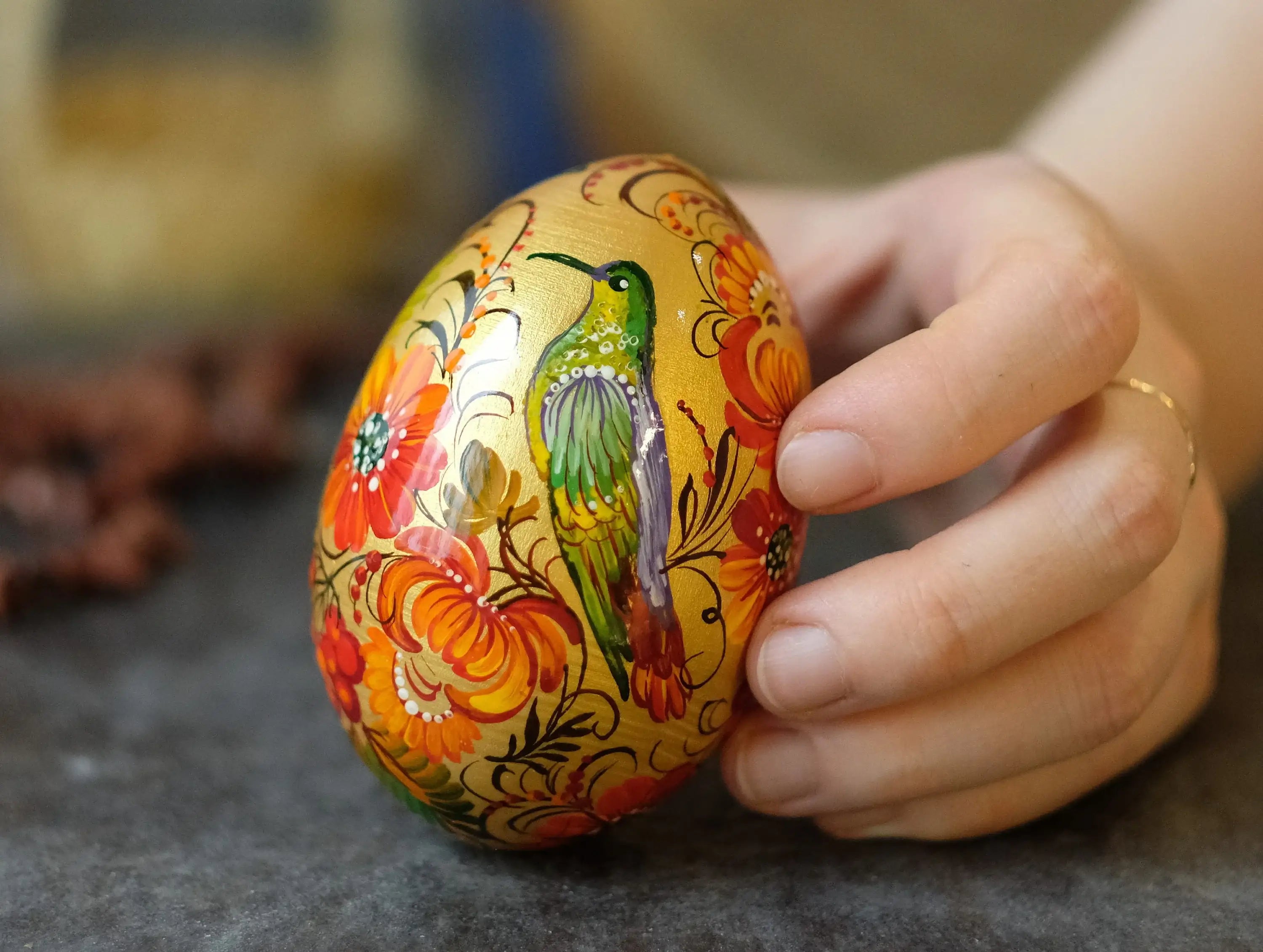 Painted Wooden Hummingbird Easter Egg on Stand