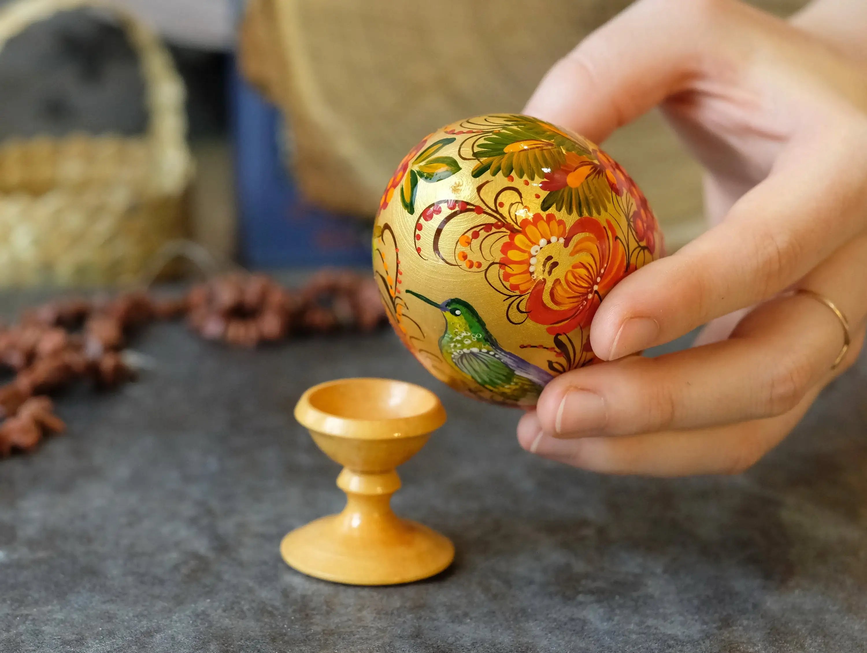 Painted Wooden Hummingbird Easter Egg on Stand