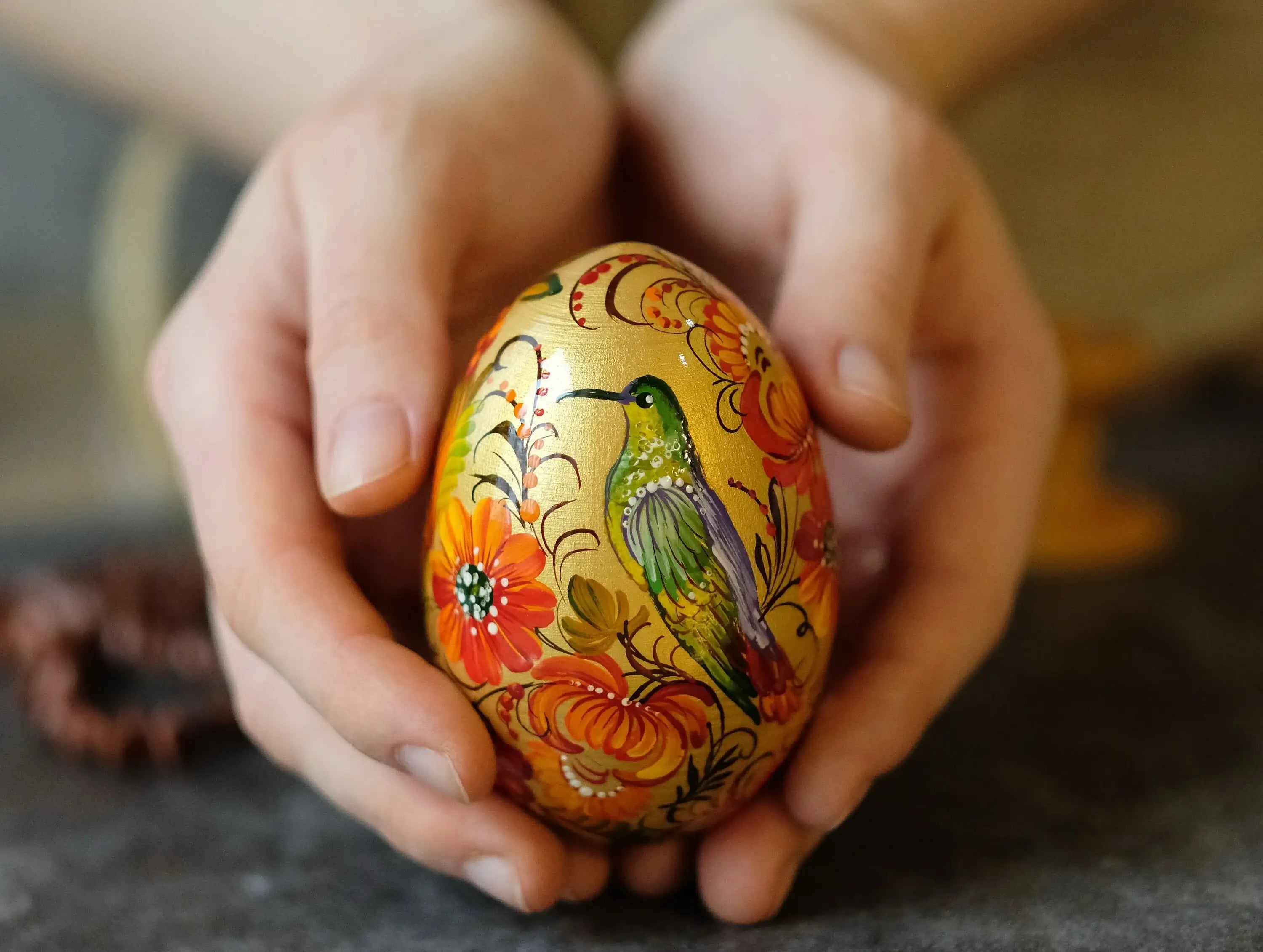 Painted Wooden Hummingbird Easter Egg on Stand