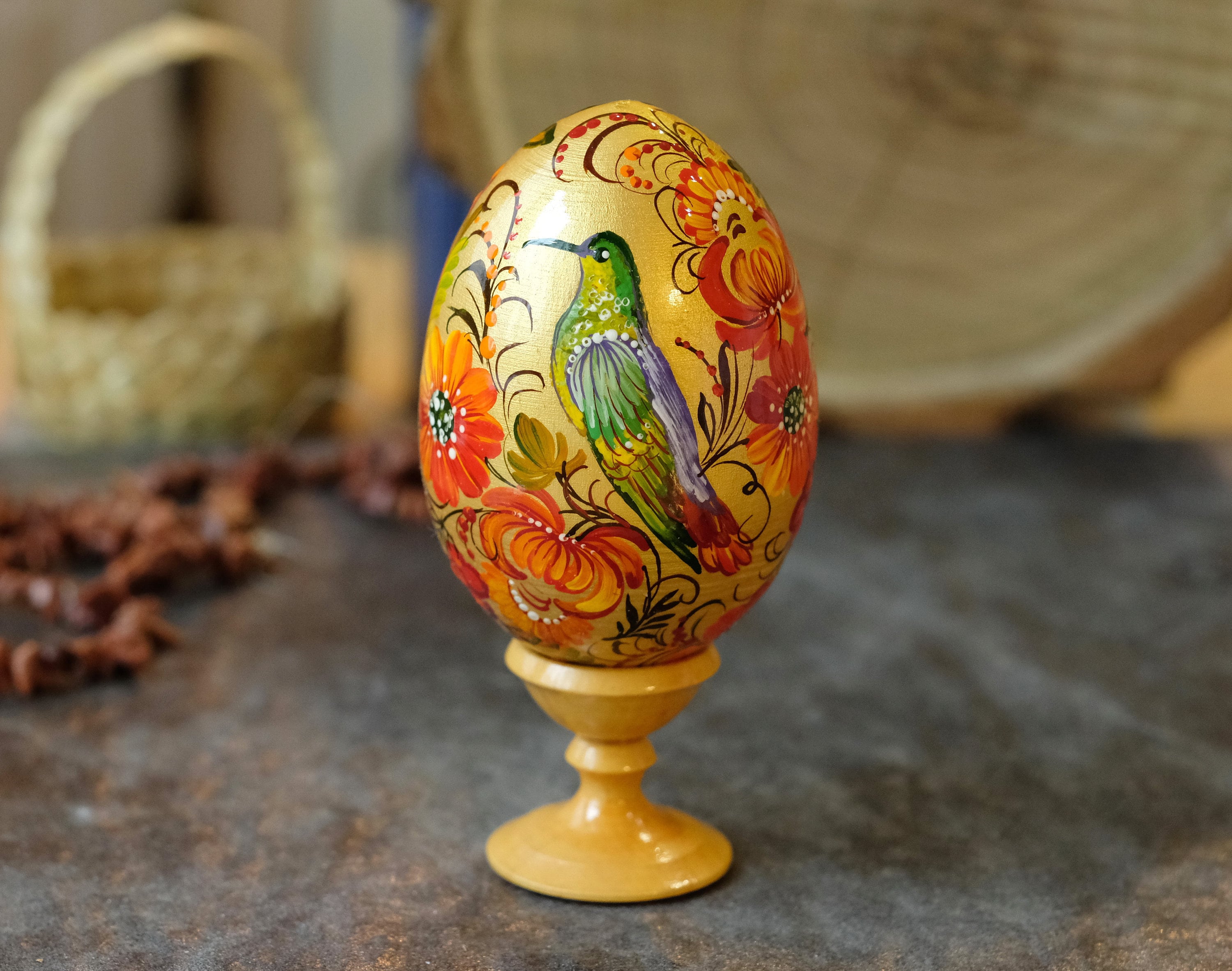 Painted Wooden Hummingbird Easter Egg on Stand