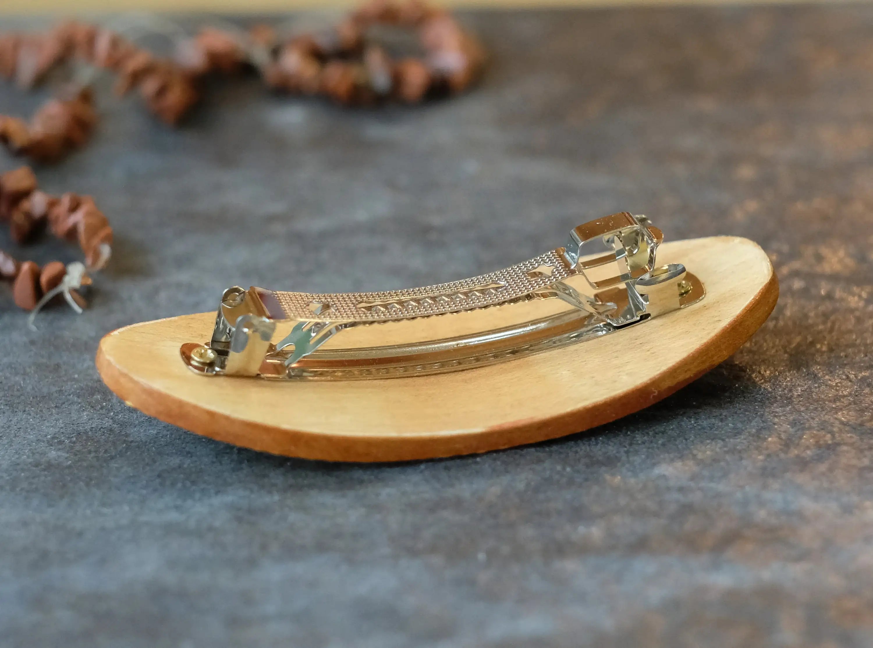 Painted Wooden Oval Hair Barrette - Artisanal Petrykivka Art Green Flower French Barrette Hair Clip