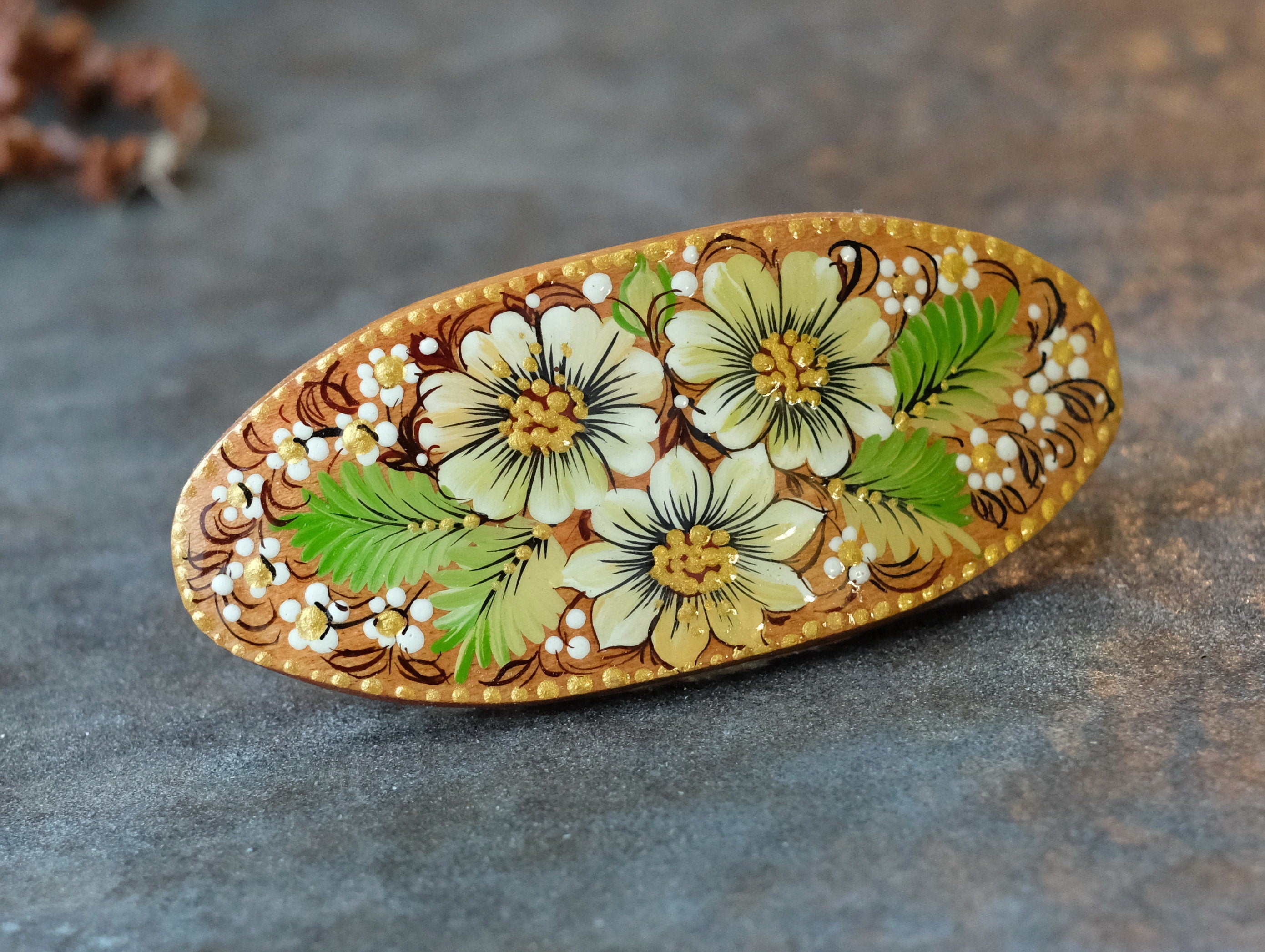 Painted Wooden Oval Hair Barrette - Artisanal Petrykivka Art Green Flower French Barrette Hair Clip