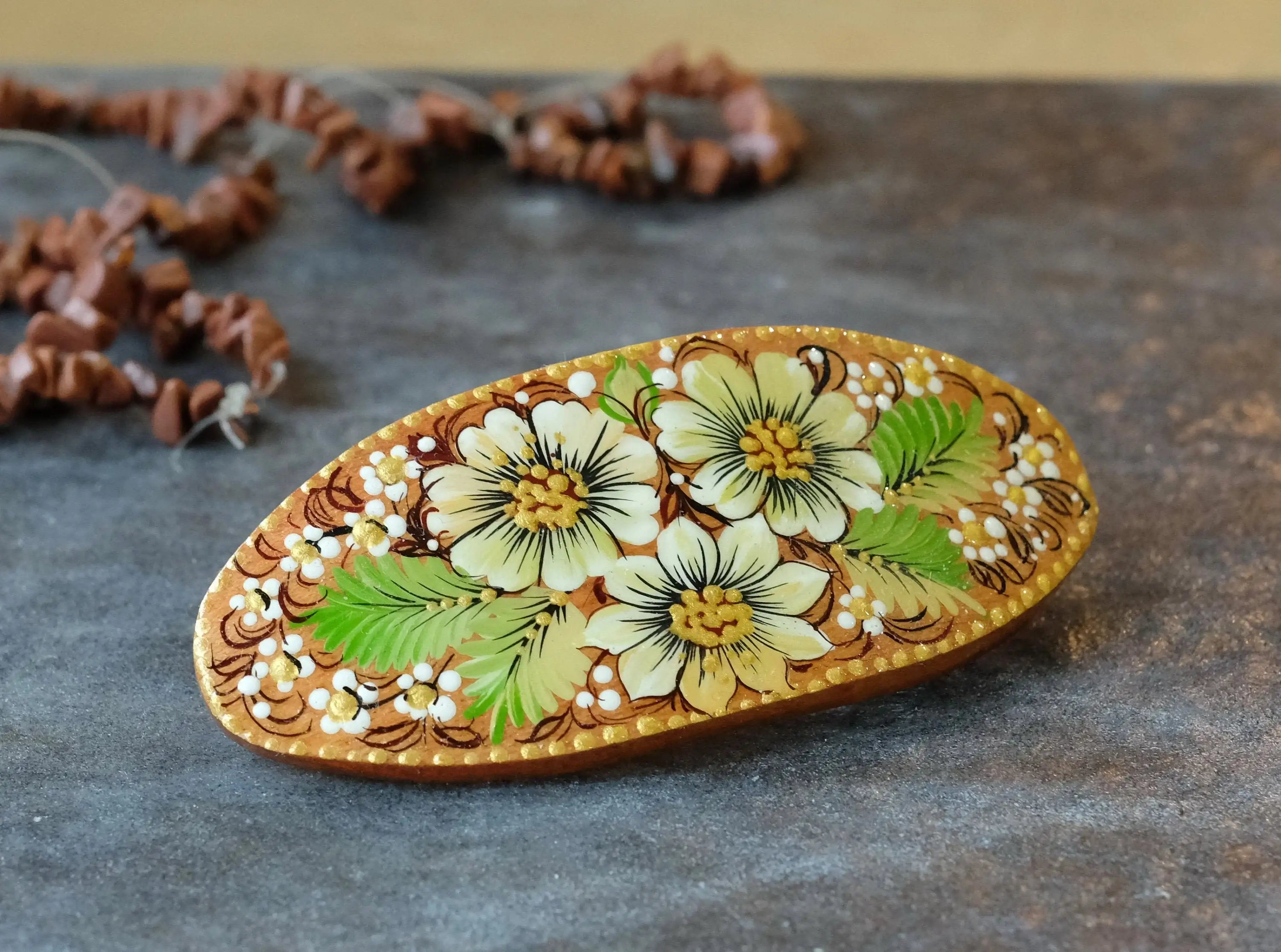Painted Wooden Oval Hair Barrette - Artisanal Petrykivka Art Green Flower French Barrette Hair Clip
