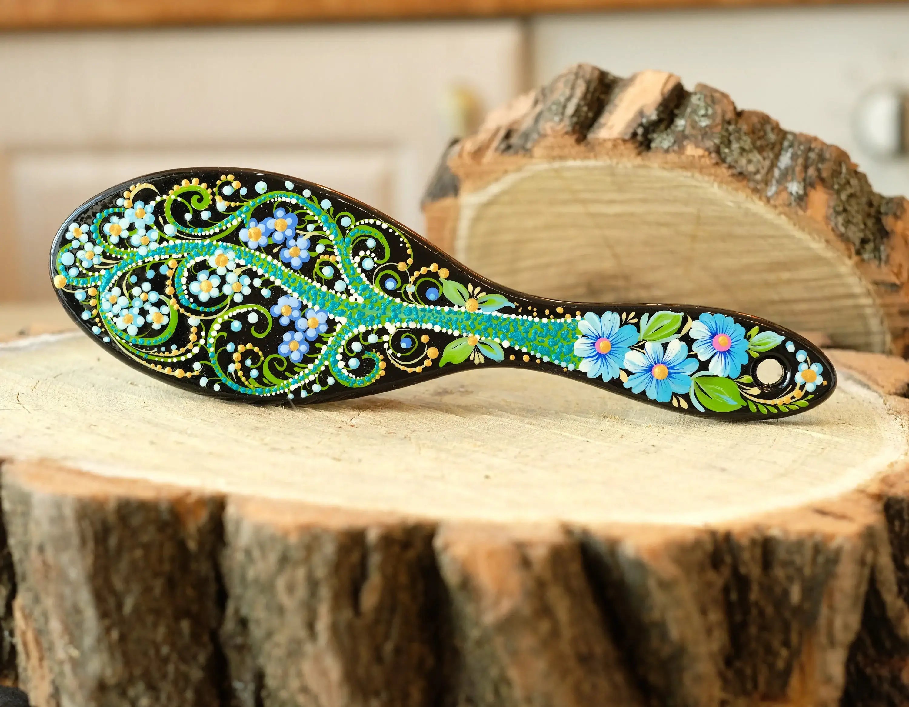 Painted Wooden Tree of Life Massage Hairbrush - Norse Mythology Emerald Green Paddle Hairbrush with Wooden Bristles