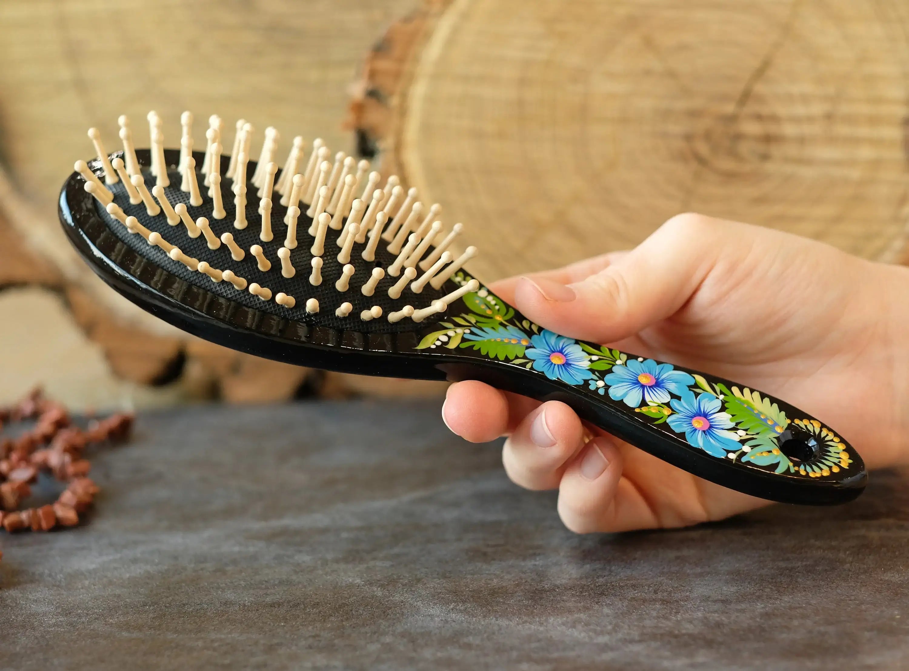 Painted Wooden Tree of Life Massage Hairbrush - Norse Mythology Emerald Green Paddle Hairbrush with Wooden Bristles