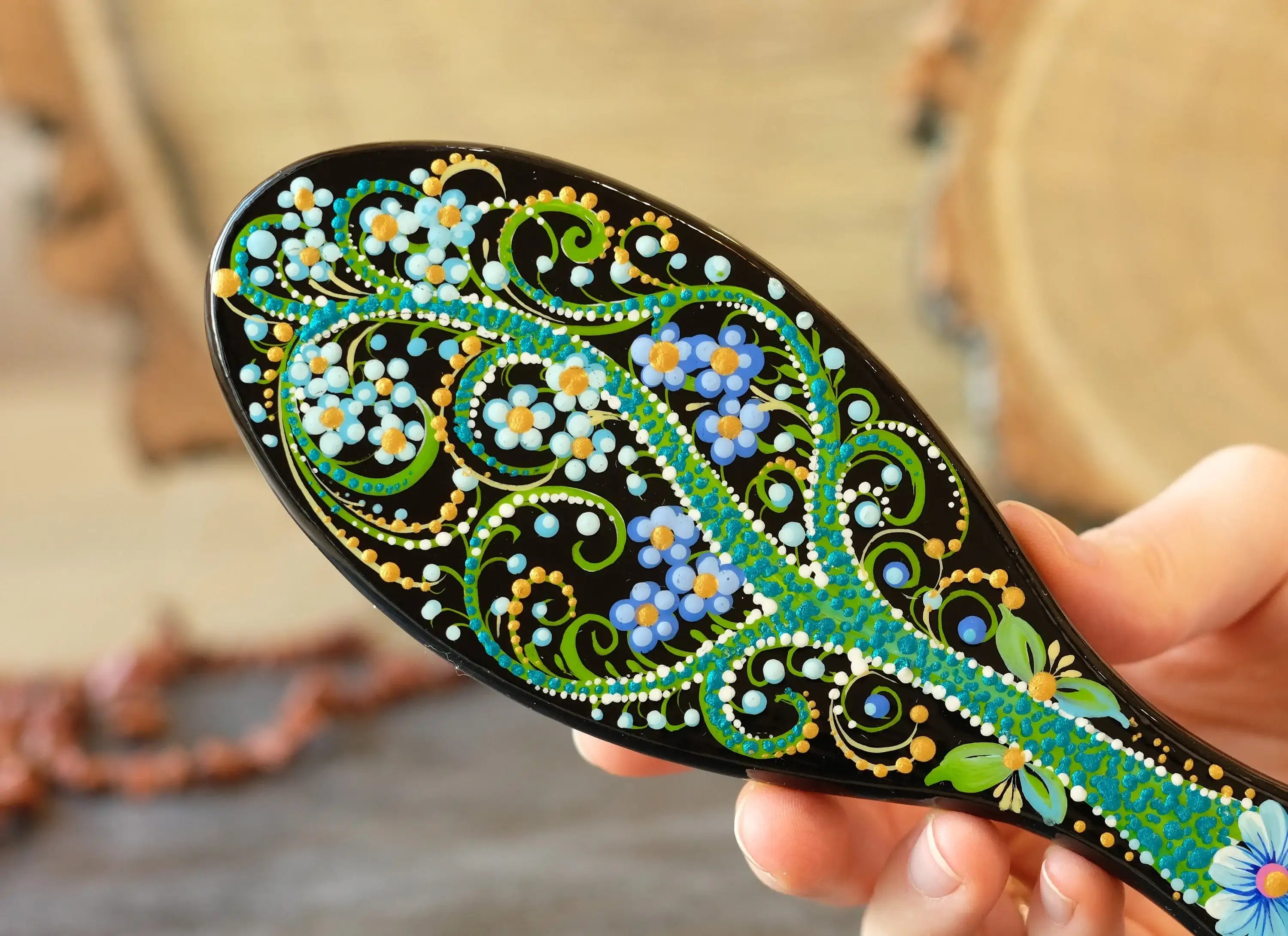 Painted Wooden Tree of Life Massage Hairbrush - Norse Mythology Emerald Green Paddle Hairbrush with Wooden Bristles