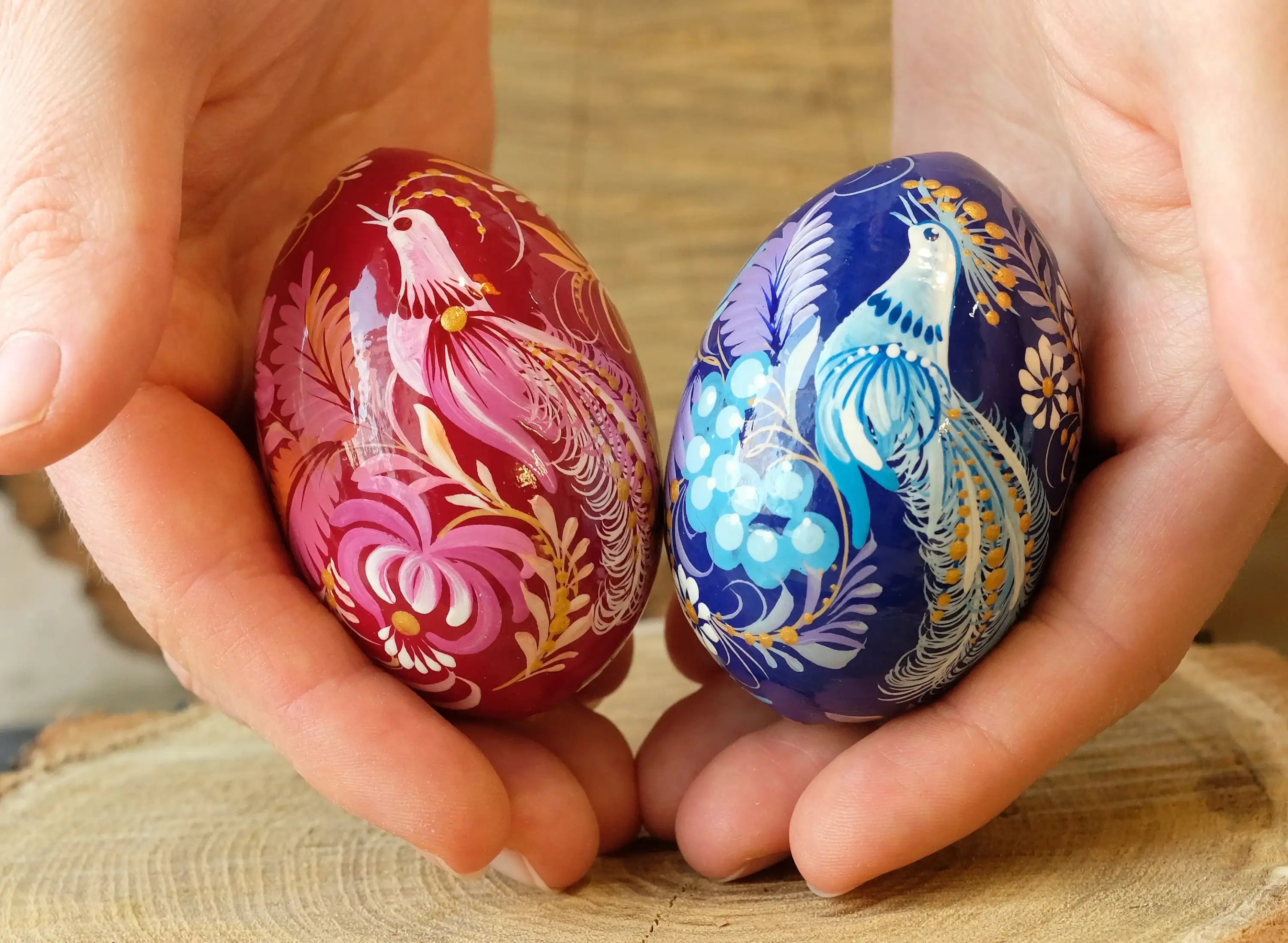 Wooden Fairy Bird Easter Egg Hand-painted with Petrykivka Painting