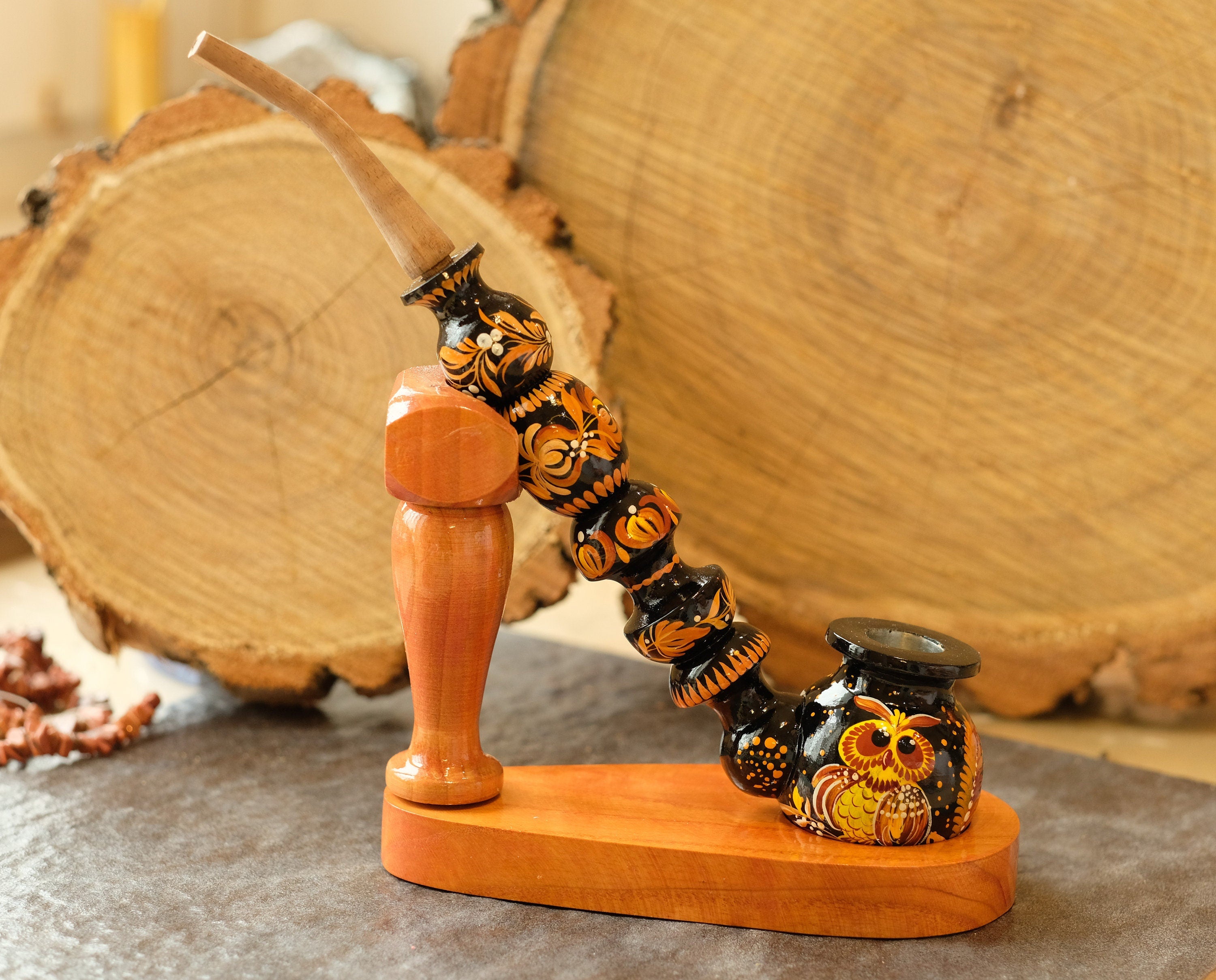 Hand-Painted Long Smoking Pipe - Wooden Owl Tobacco Pipe with Ukrainian Folk Art Petrykivka