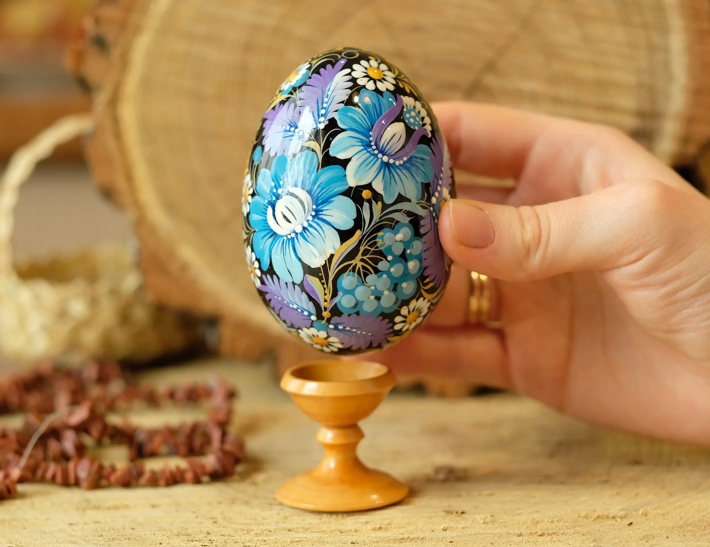 Large Wooden Goose Size Easter Egg Hand-painted with Ukrainian Petrykivka Painting