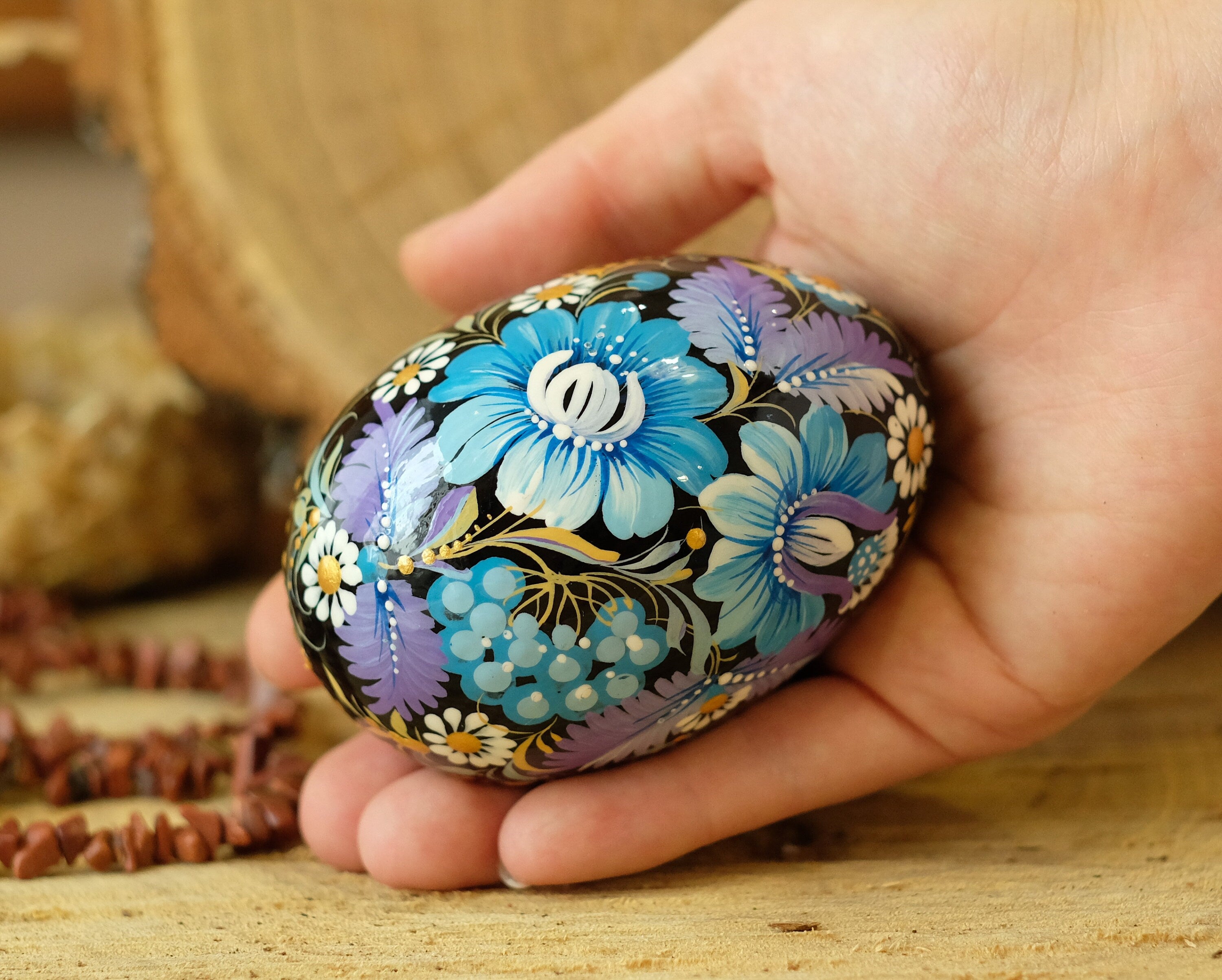 Large Wooden Goose Size Easter Egg Hand-painted with Ukrainian Petrykivka Painting