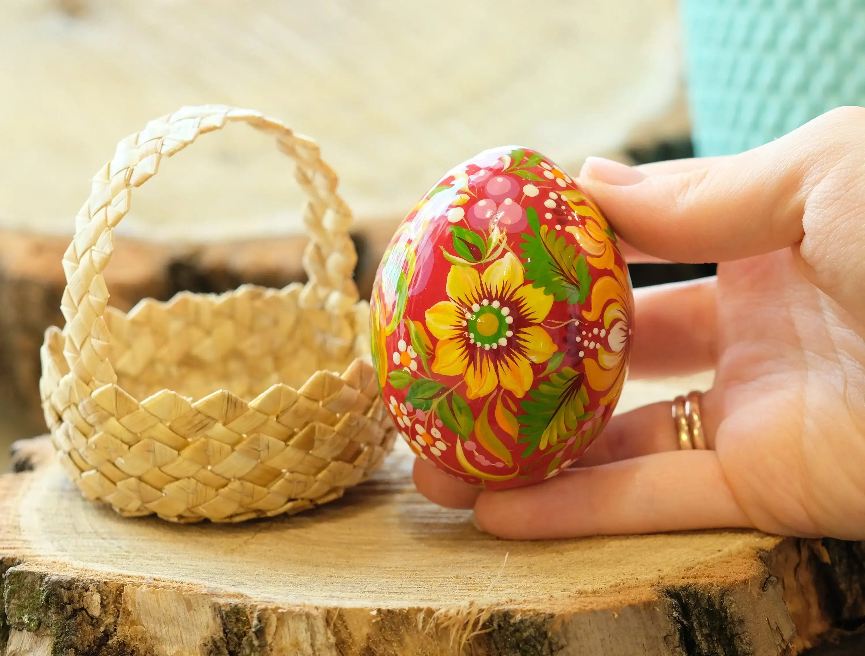 Hand-painted Ukrainian Easter Egg - Petrykivka Wooden Rooster Egg