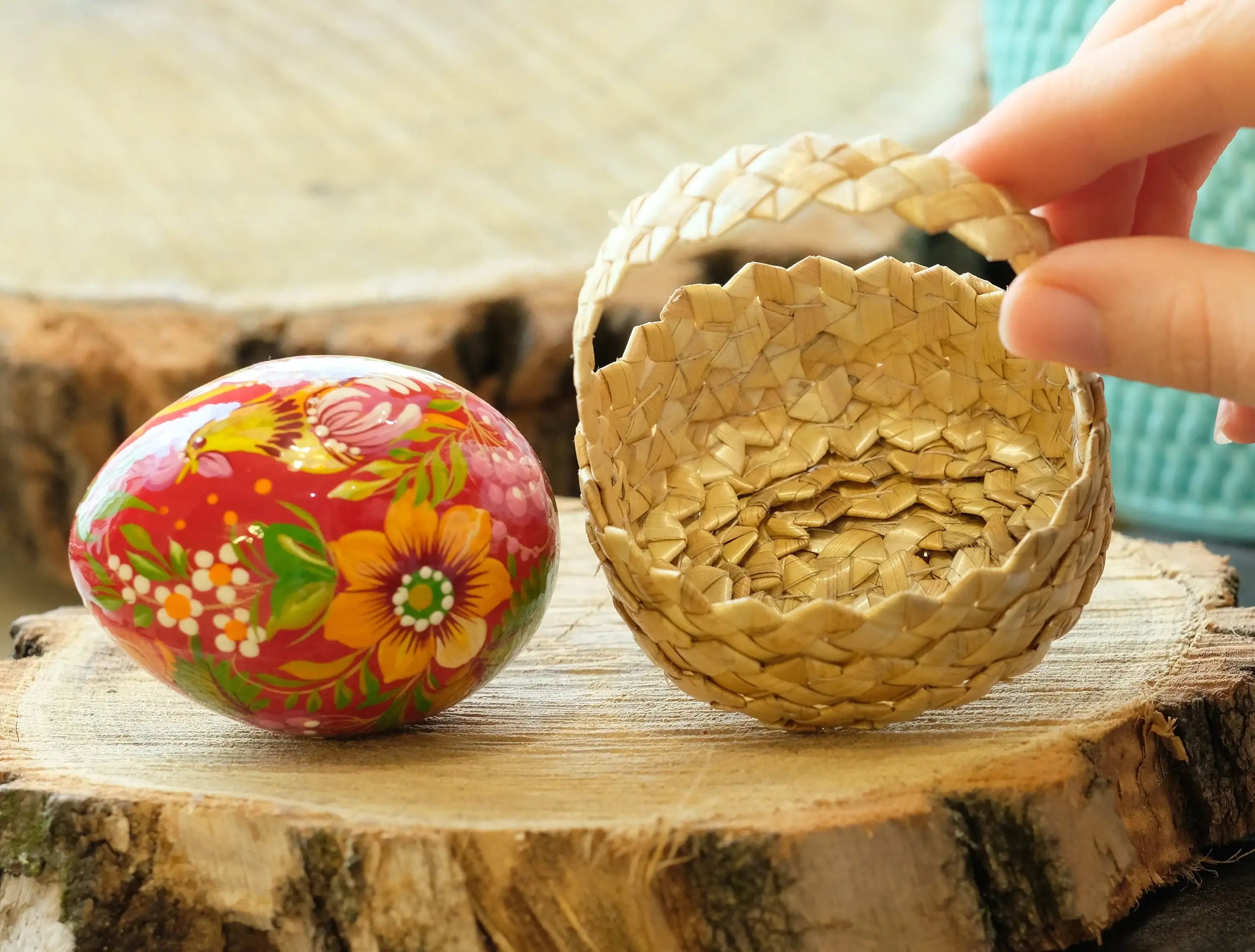 Hand-painted Ukrainian Easter Egg - Petrykivka Wooden Rooster Egg
