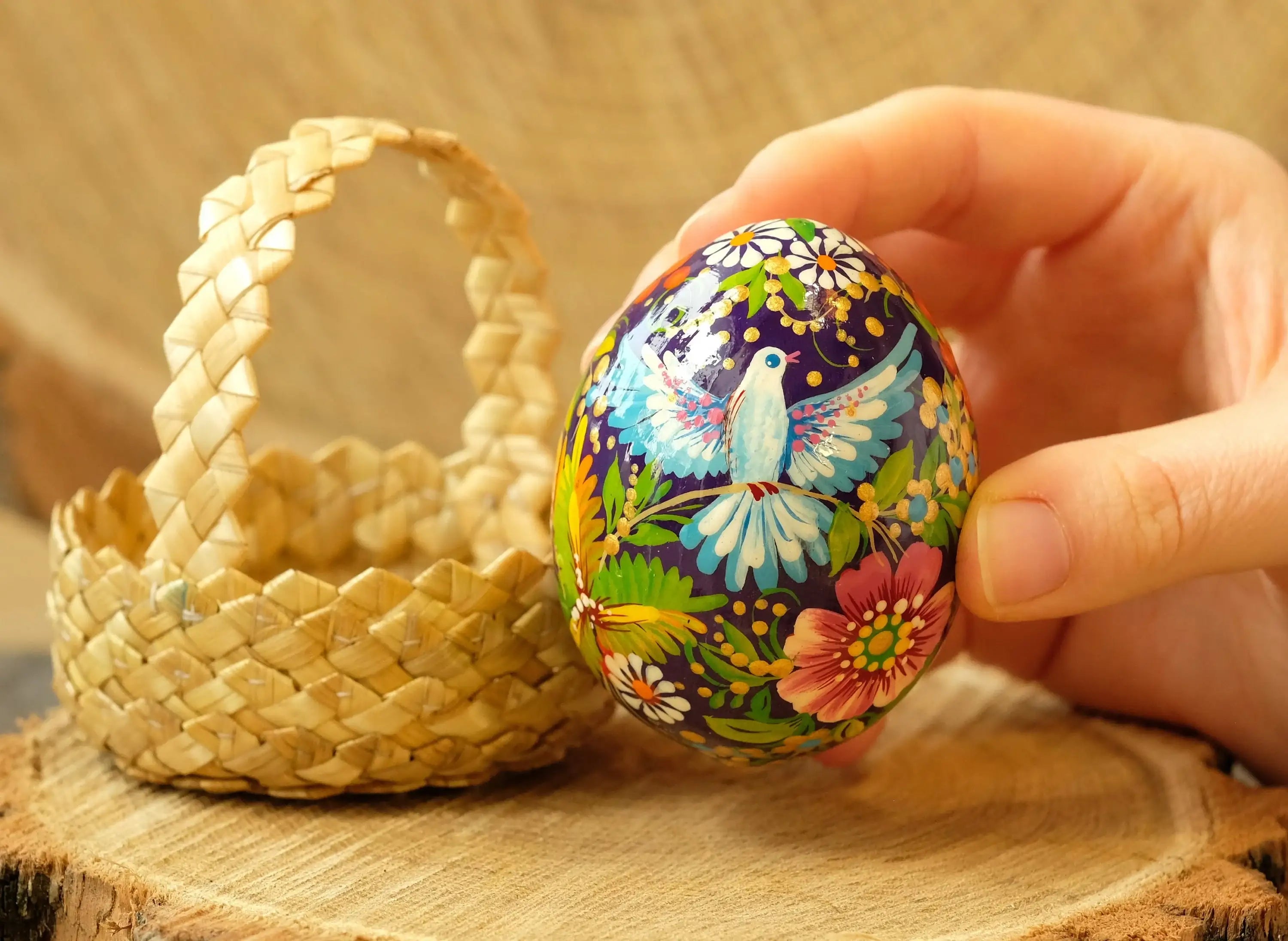 Painted Dove Ukrainian Pysanky Egg Ornament Carved from Wood