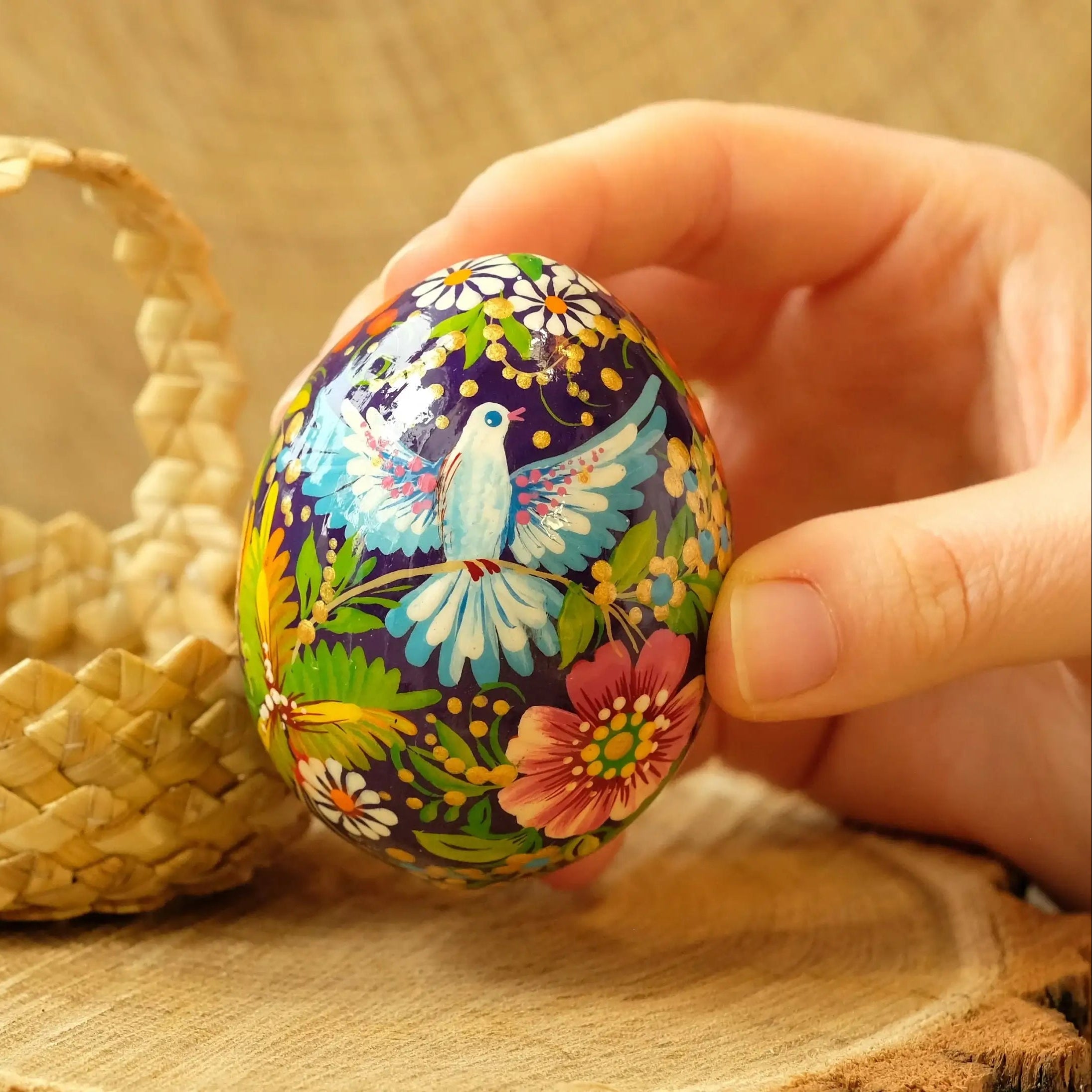 Painted Dove Ukrainian Pysanky Egg Ornament Carved from Wood