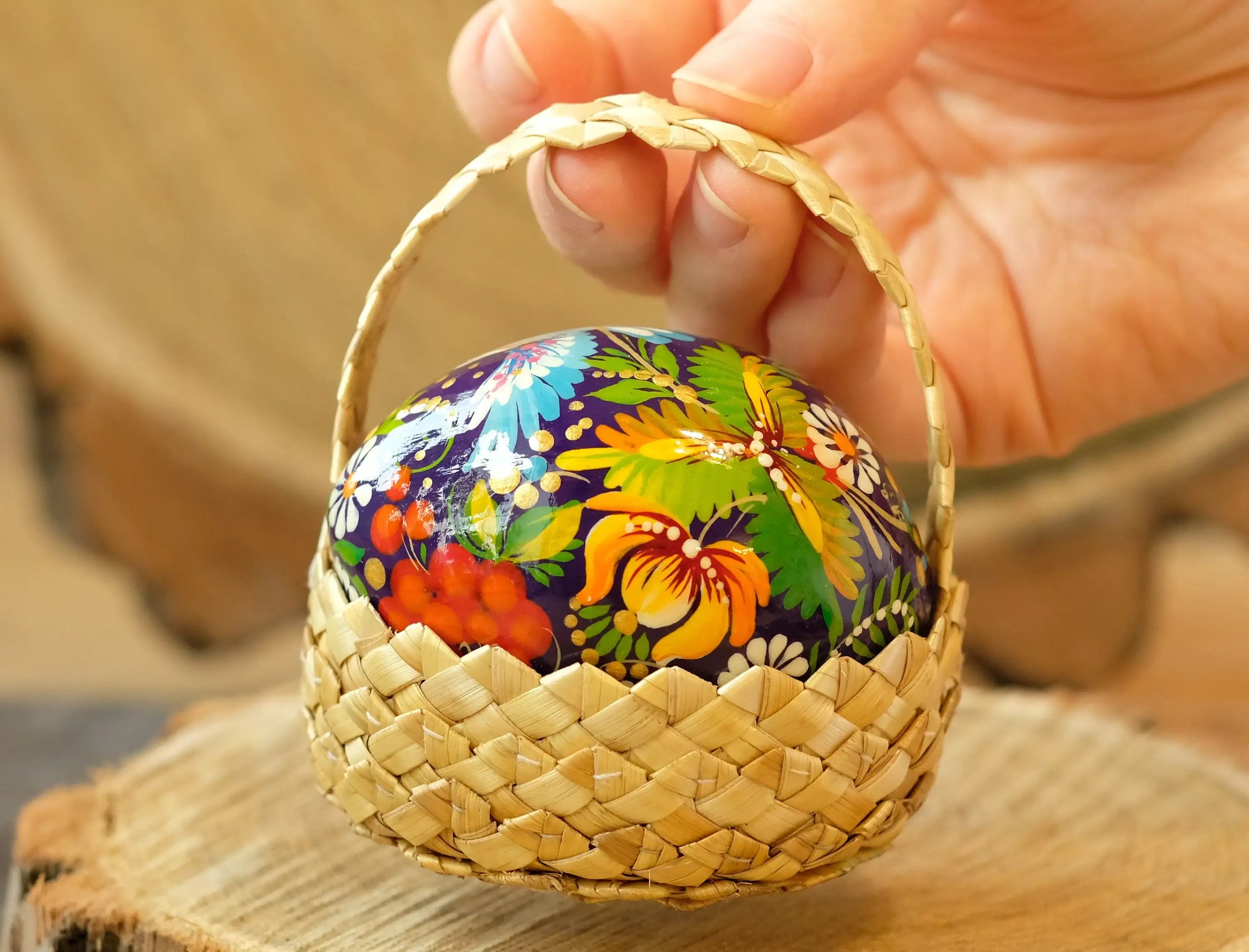 Painted Dove Ukrainian Pysanky Egg Ornament Carved from Wood