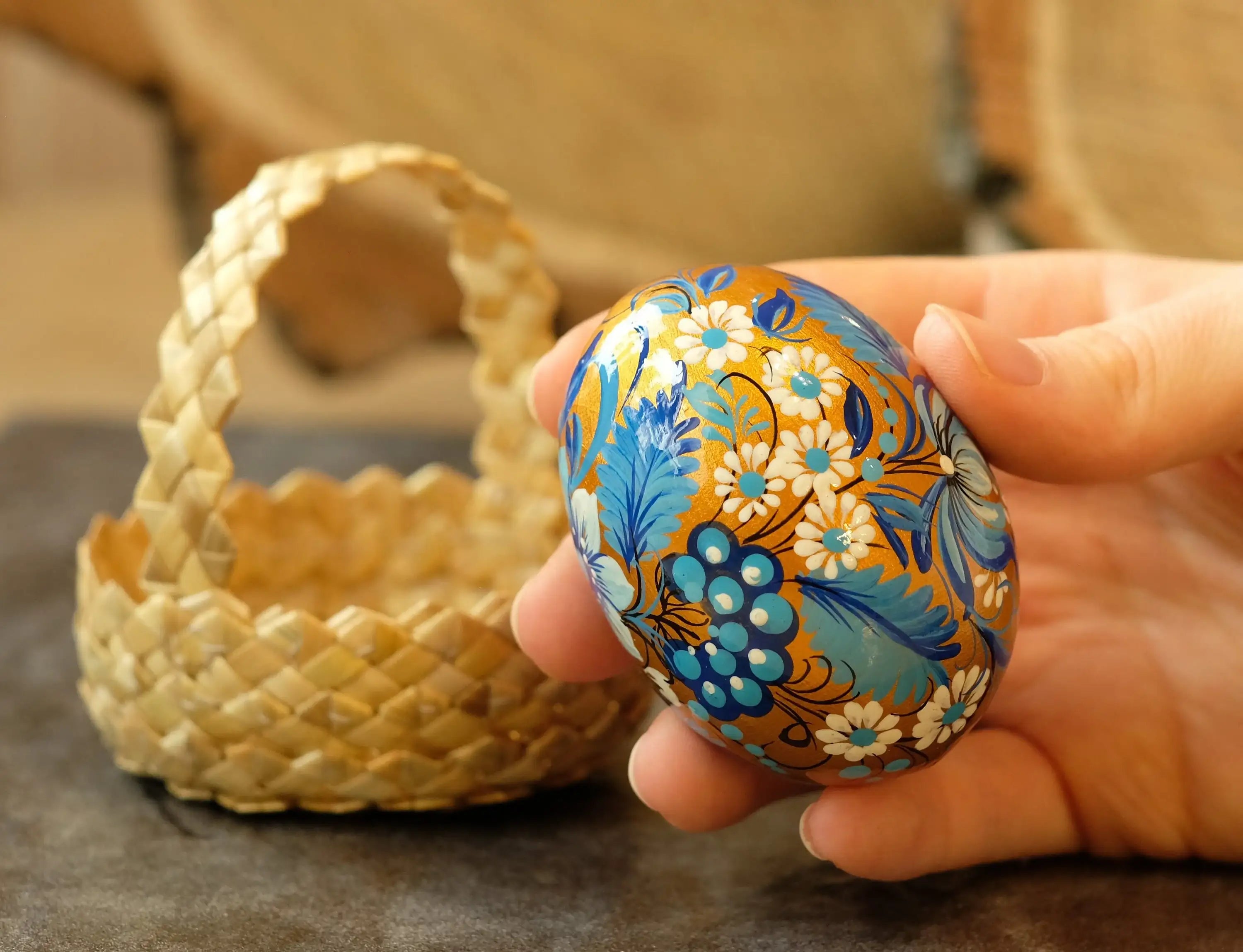 Painted Ukrainian Pysanky Egg Ornament Carved from Wood