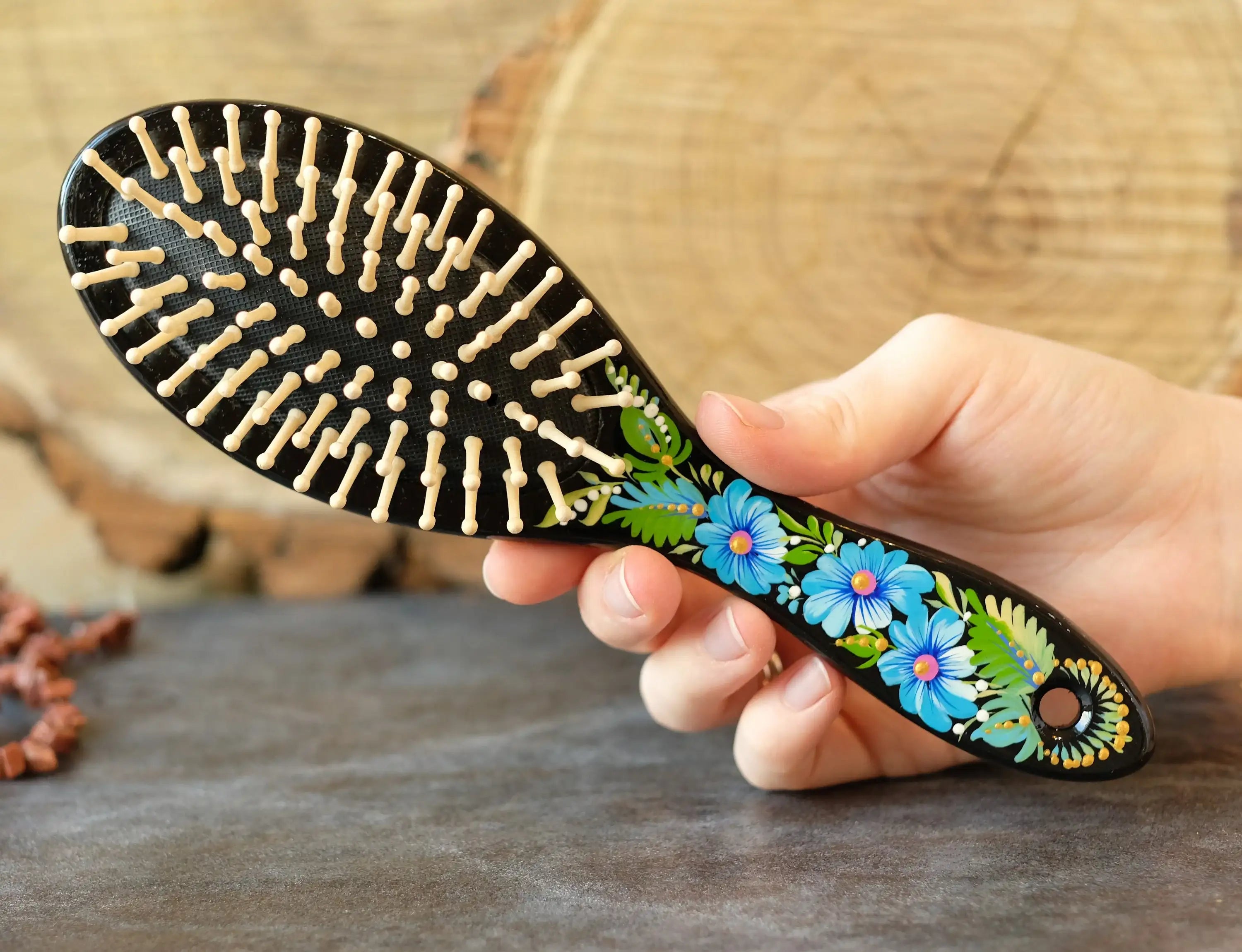 Painted Wooden Tree of Life Massage Hairbrush - Norse Mythology Emerald Green Paddle Hairbrush with Wooden Bristles