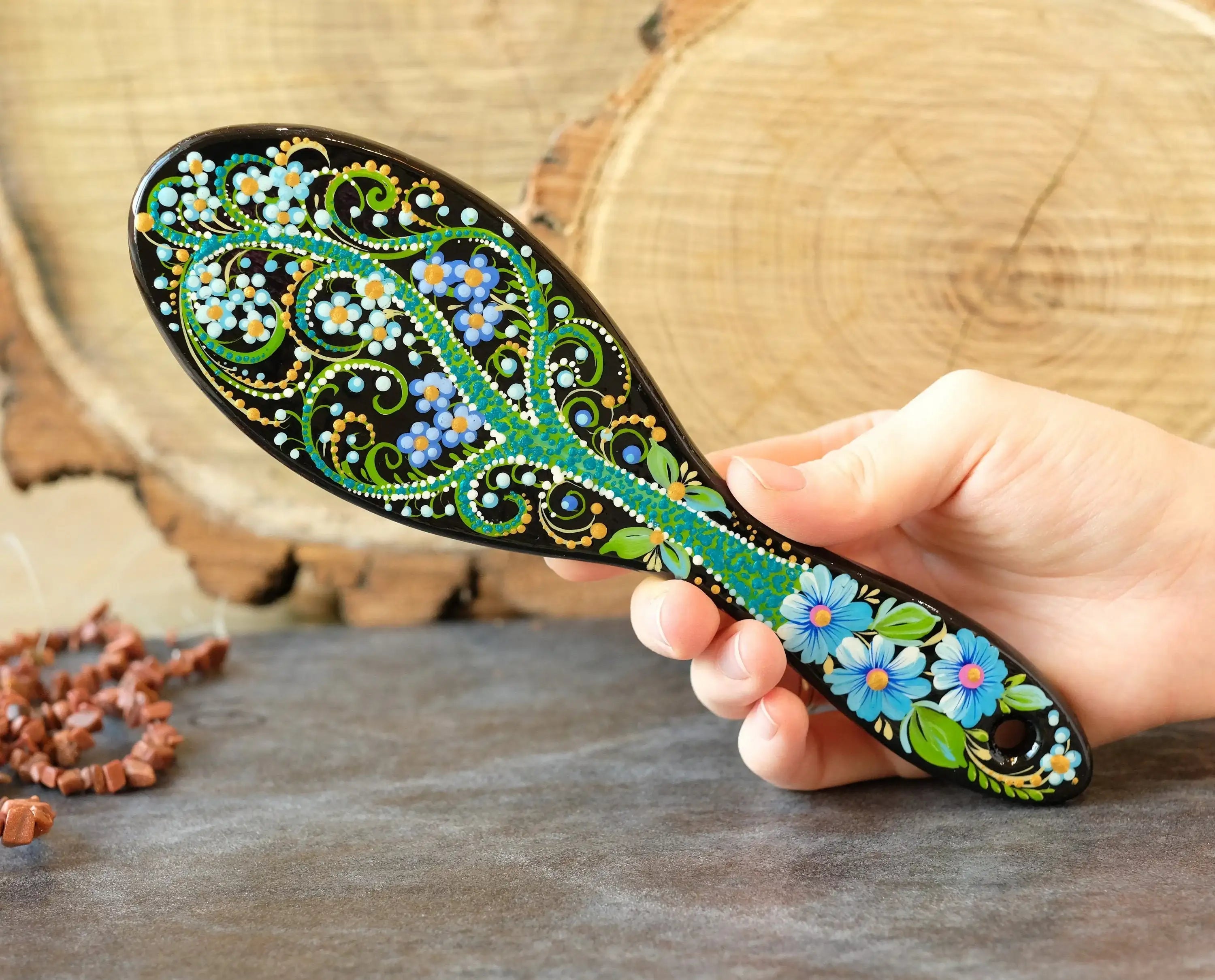 Painted Wooden Tree of Life Massage Hairbrush - Norse Mythology Emerald Green Paddle Hairbrush with Wooden Bristles