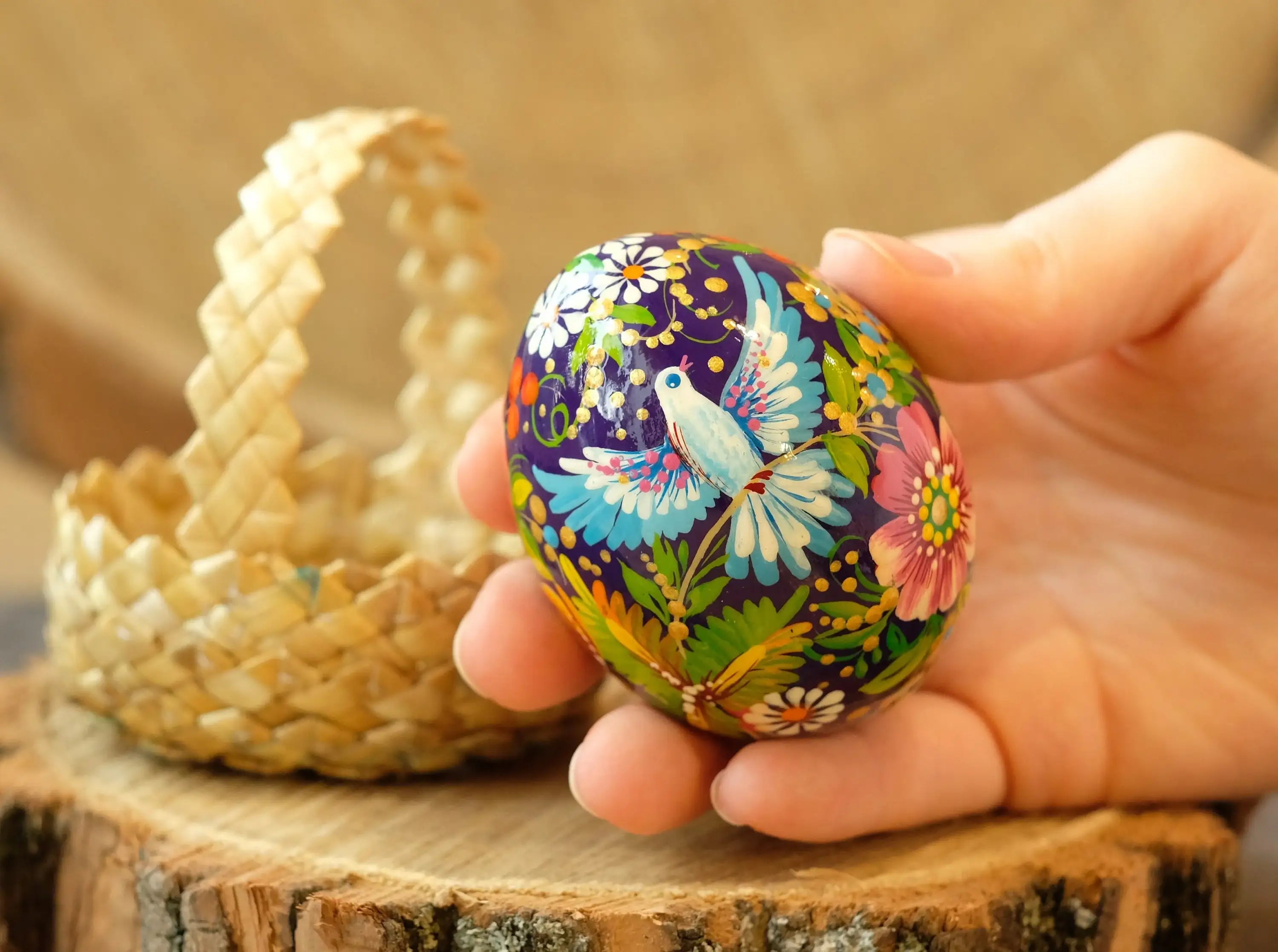 Painted Dove Ukrainian Pysanky Egg Ornament Carved from Wood