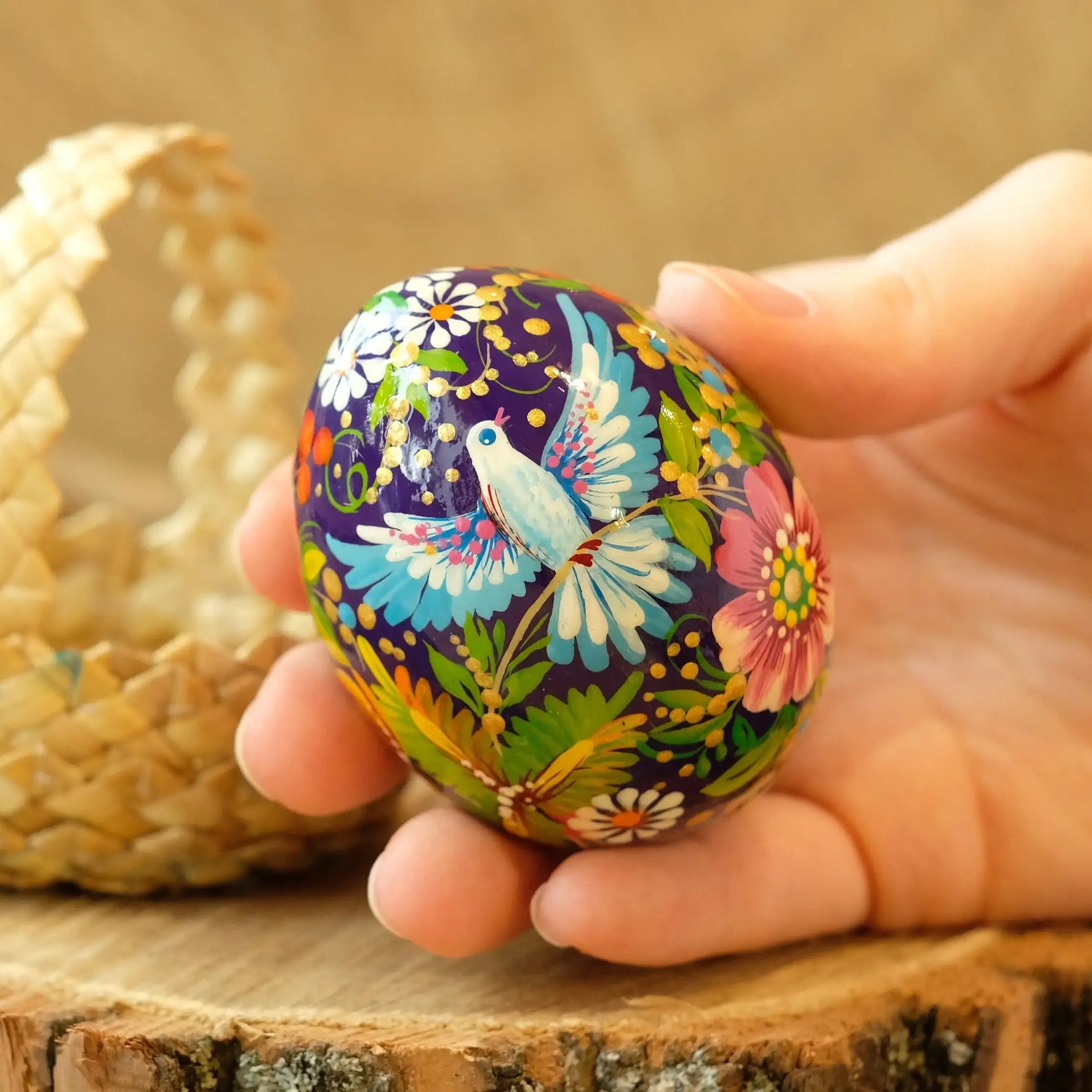 Painted Dove Ukrainian Pysanky Egg Ornament Carved from Wood