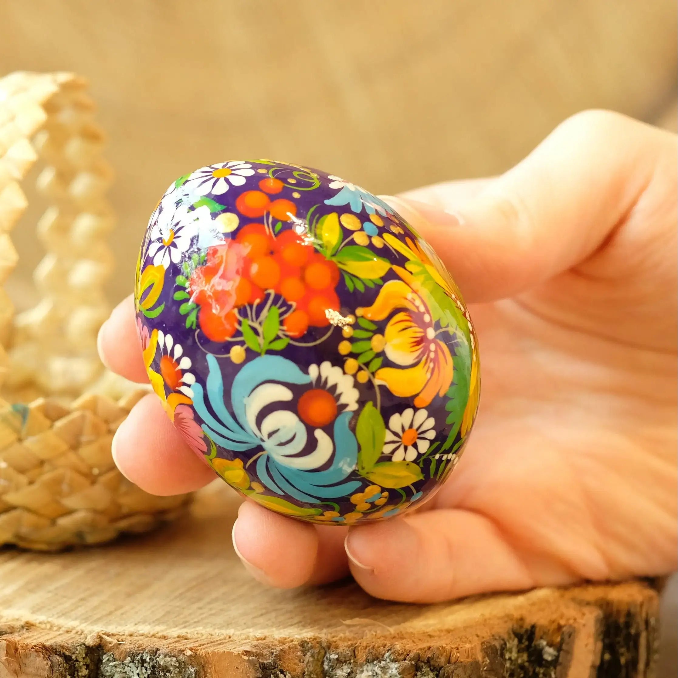 Painted Dove Ukrainian Pysanky Egg Ornament Carved from Wood