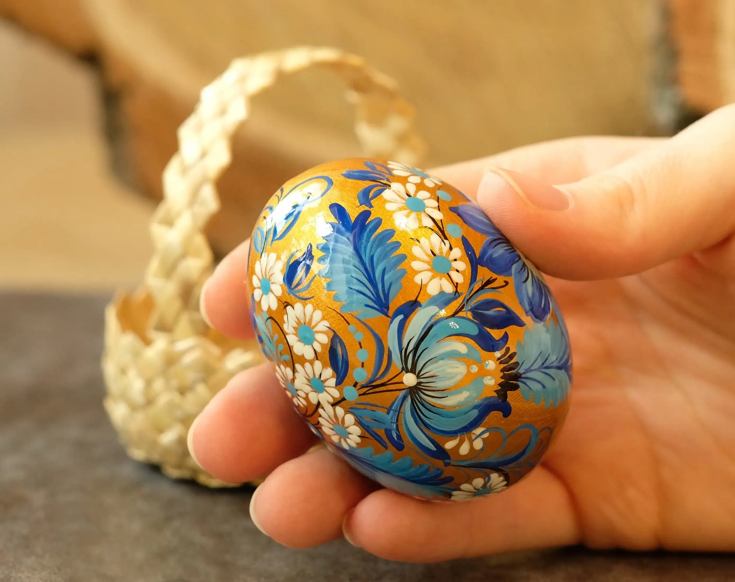 Painted Ukrainian Pysanky Egg Ornament Carved from Wood