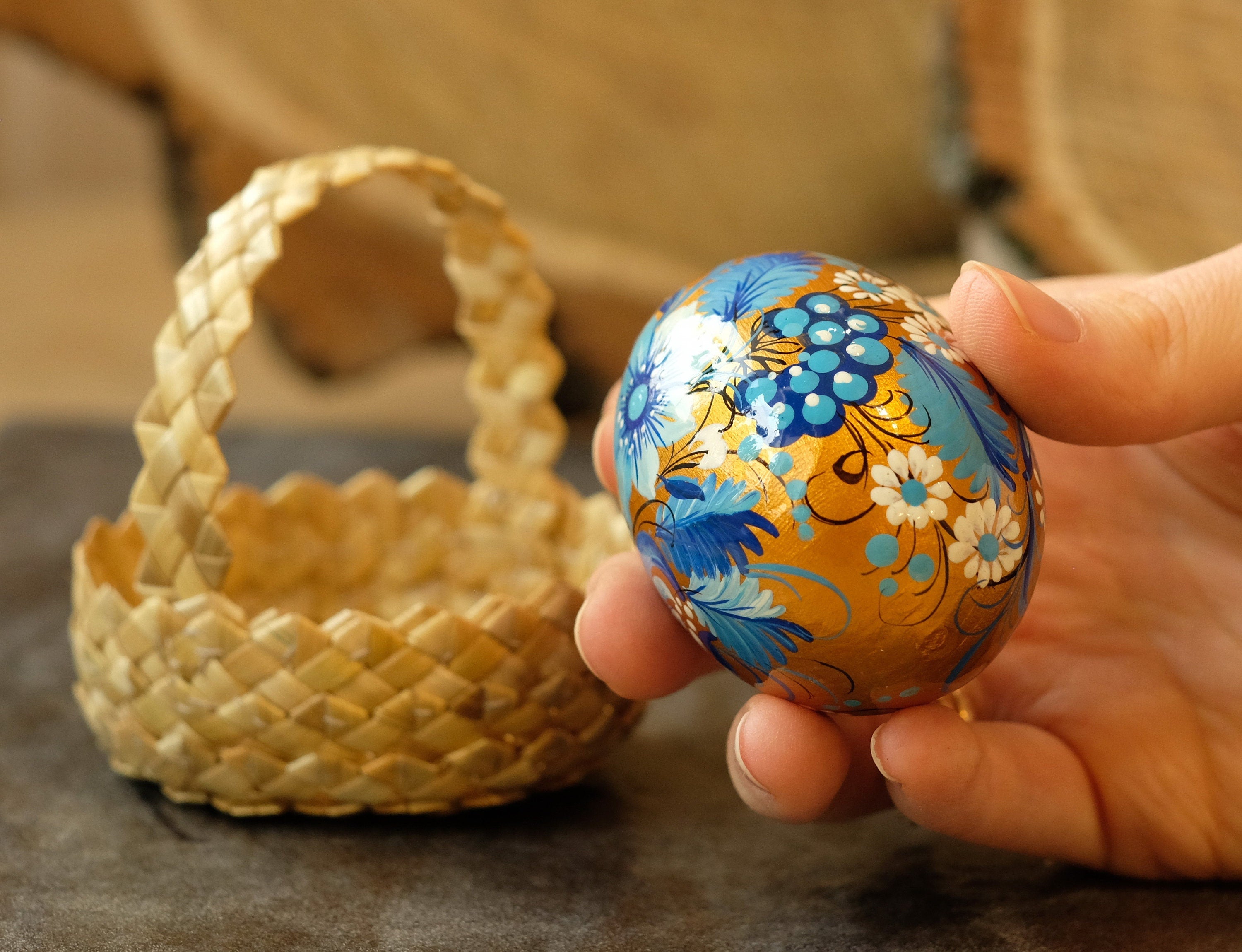 Painted Ukrainian Pysanky Egg Ornament Carved from Wood