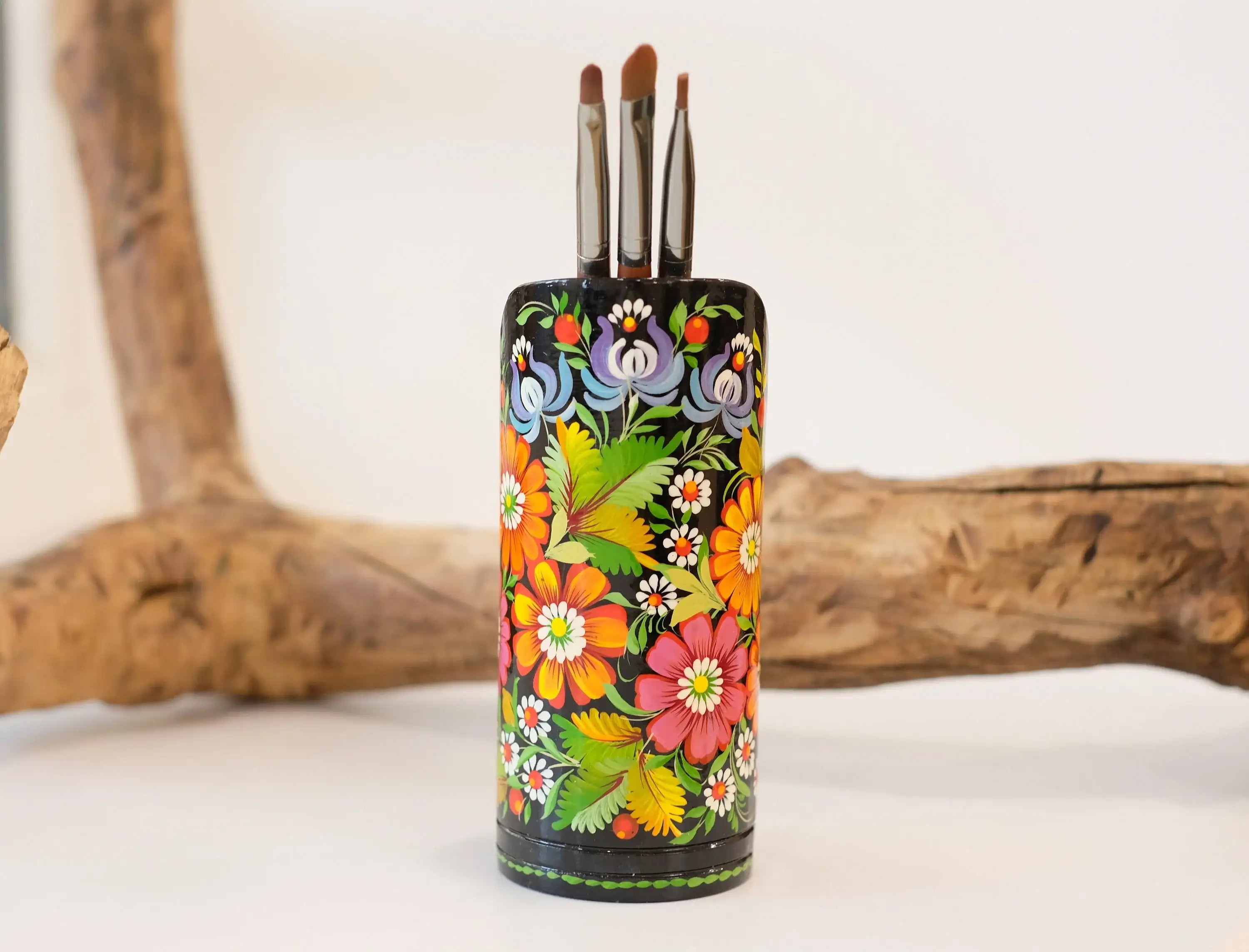 Personalized Wooden Painted Pencil Cup - Custom Pencil cup, Ukrainian Petrykivka Art Flower Pencil Holder