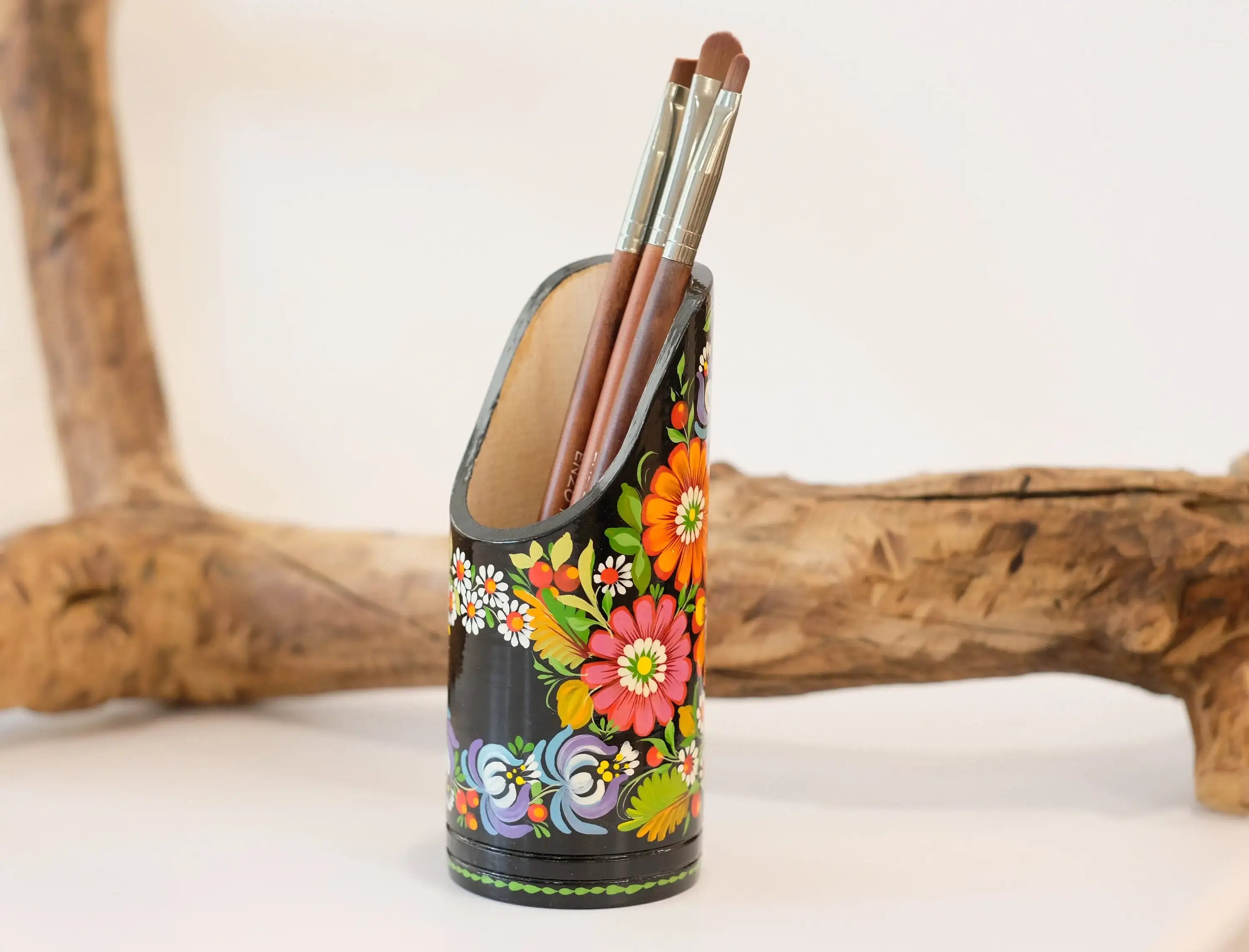 Personalized Wooden Painted Pencil Cup - Custom Pencil cup, Ukrainian Petrykivka Art Flower Pencil Holder