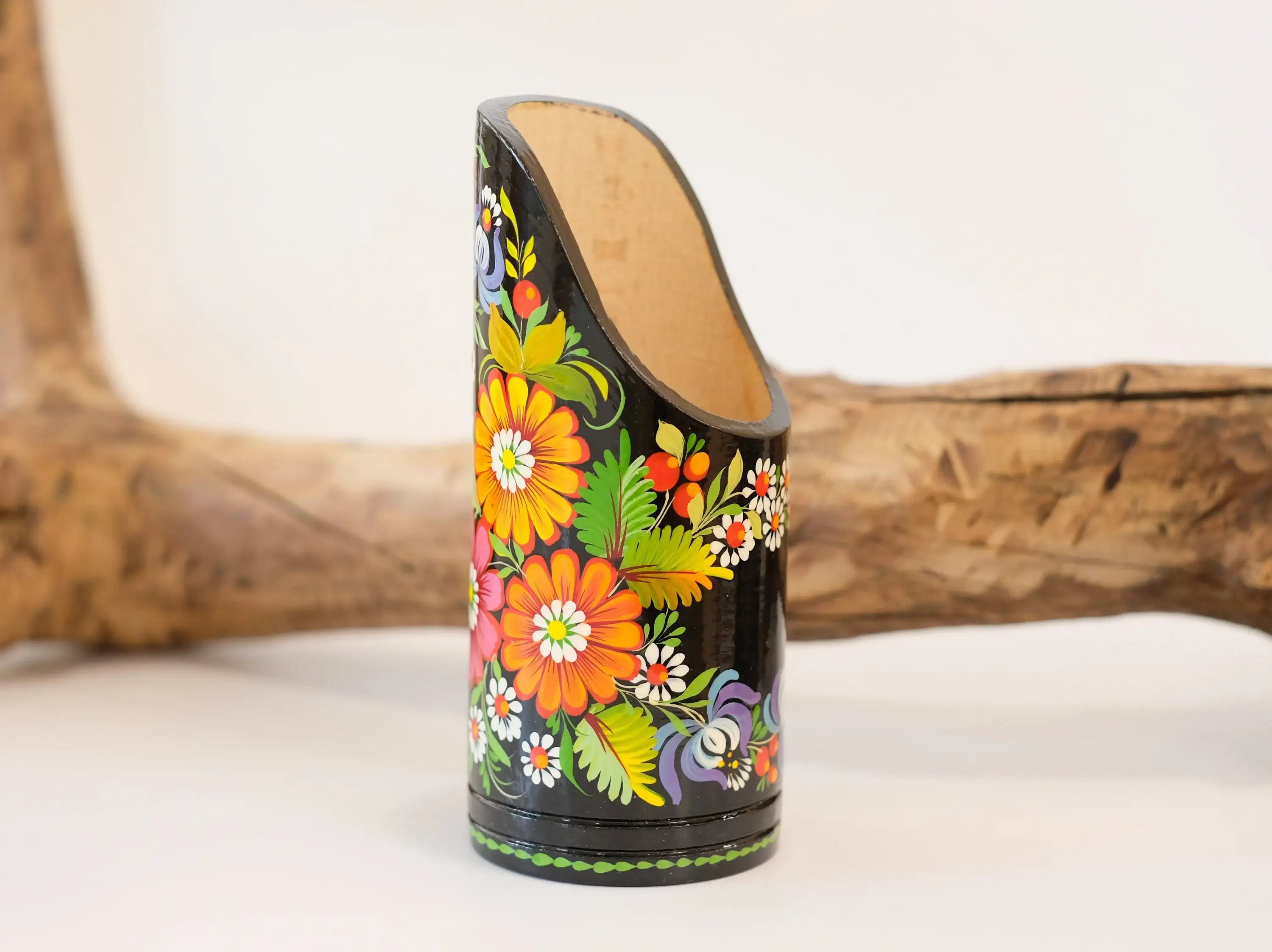 Personalized Wooden Painted Pencil Cup - Custom Pencil cup, Ukrainian Petrykivka Art Flower Pencil Holder