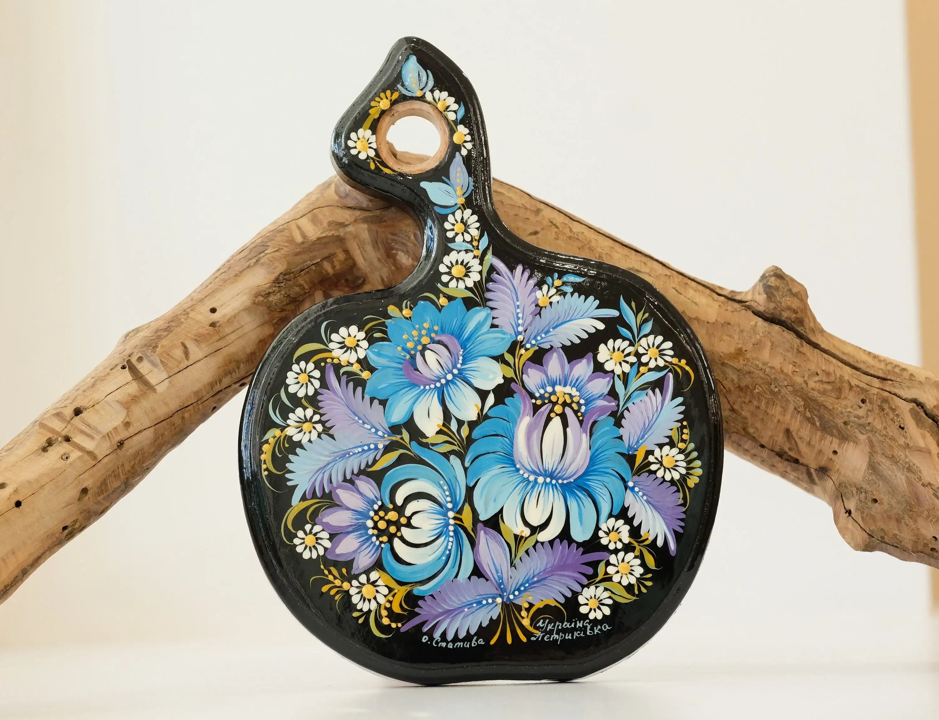 Mini Cutting Board Wooden - Functional Painted Chopping Board - Apple-shaped Blue Flower Kitchen Wall Decor, Petrykivka Art
