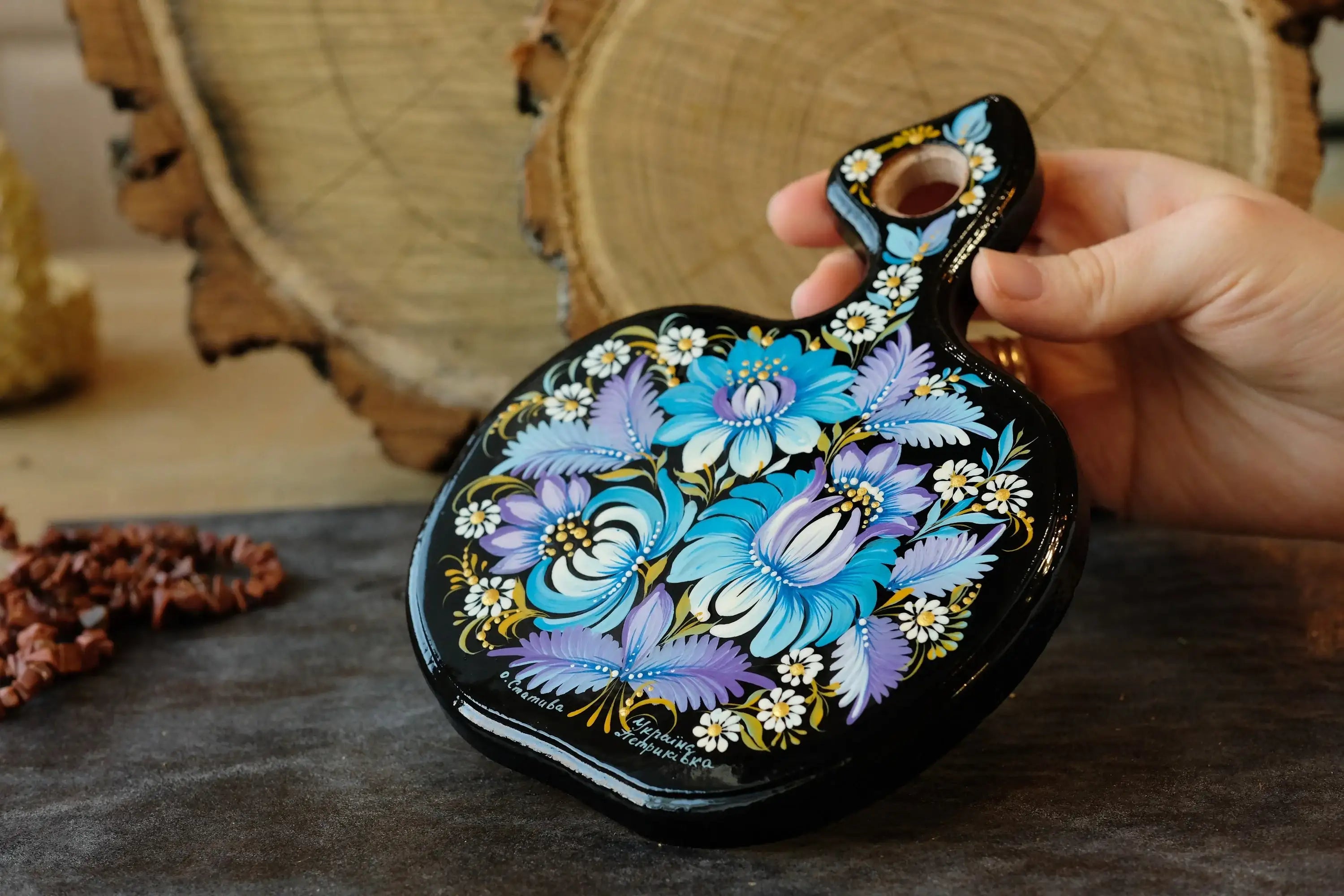 Mini Cutting Board Wooden - Functional Painted Chopping Board - Apple-shaped Blue Flower Kitchen Wall Decor, Petrykivka Art