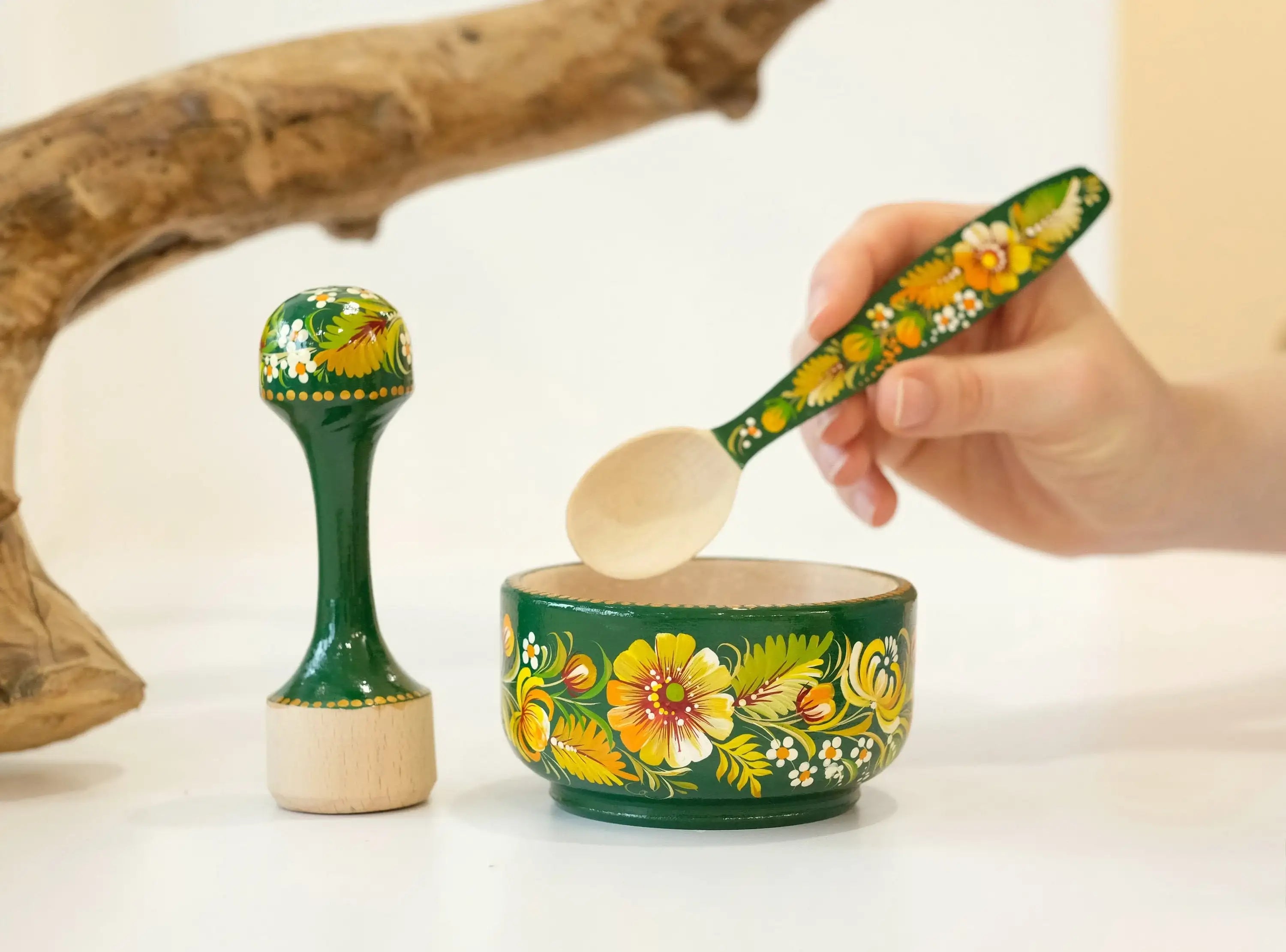 Wooden Mortar and Pestle Set - Artisanal Petrykivka Art Hand-painted Emerald Green Flower Crush Bowl