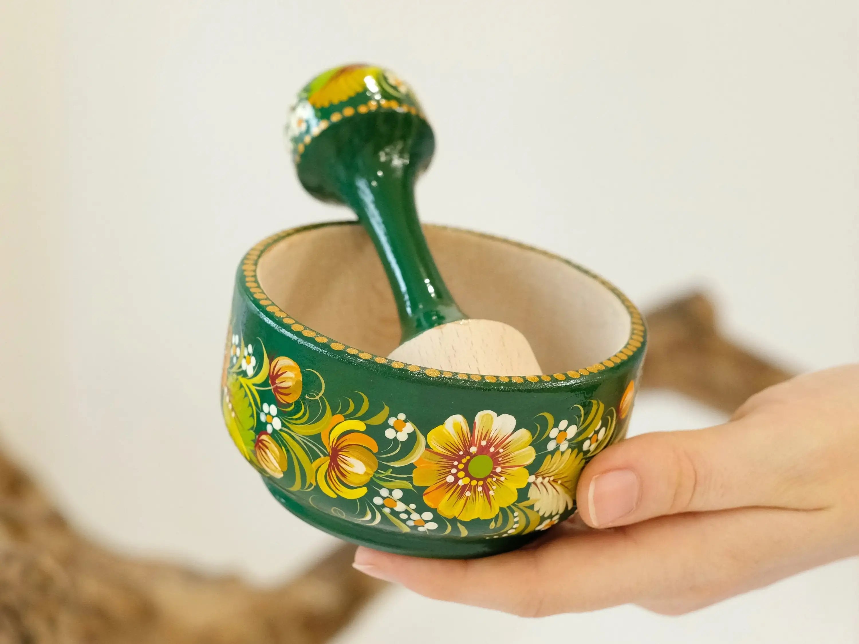 Wooden Mortar and Pestle Set - Artisanal Petrykivka Art Hand-painted Emerald Green Flower Crush Bowl