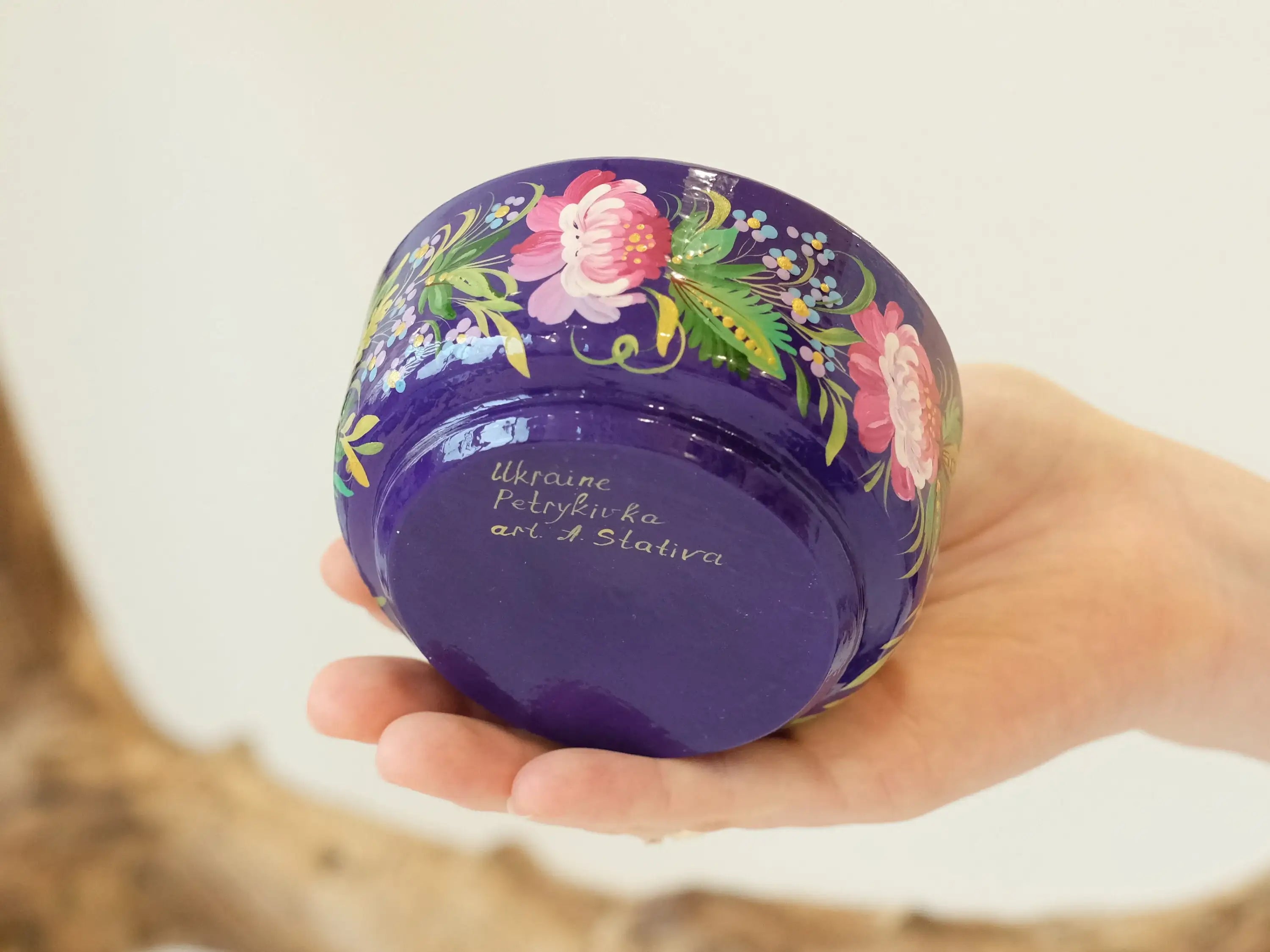 Wooden Mortar and Pestle Set - Artisanal Petrykivka Art Hand-painted Peony Crush Bowl, Purple and Pink Flower